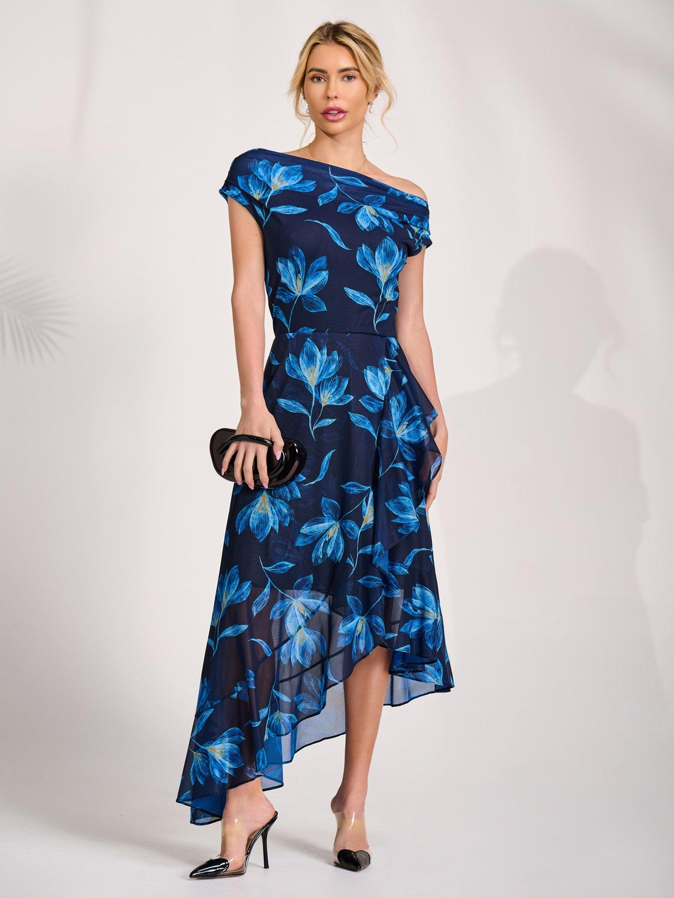 Jolie Moi Asymmetrical Draped Mesh Midaxi Dress