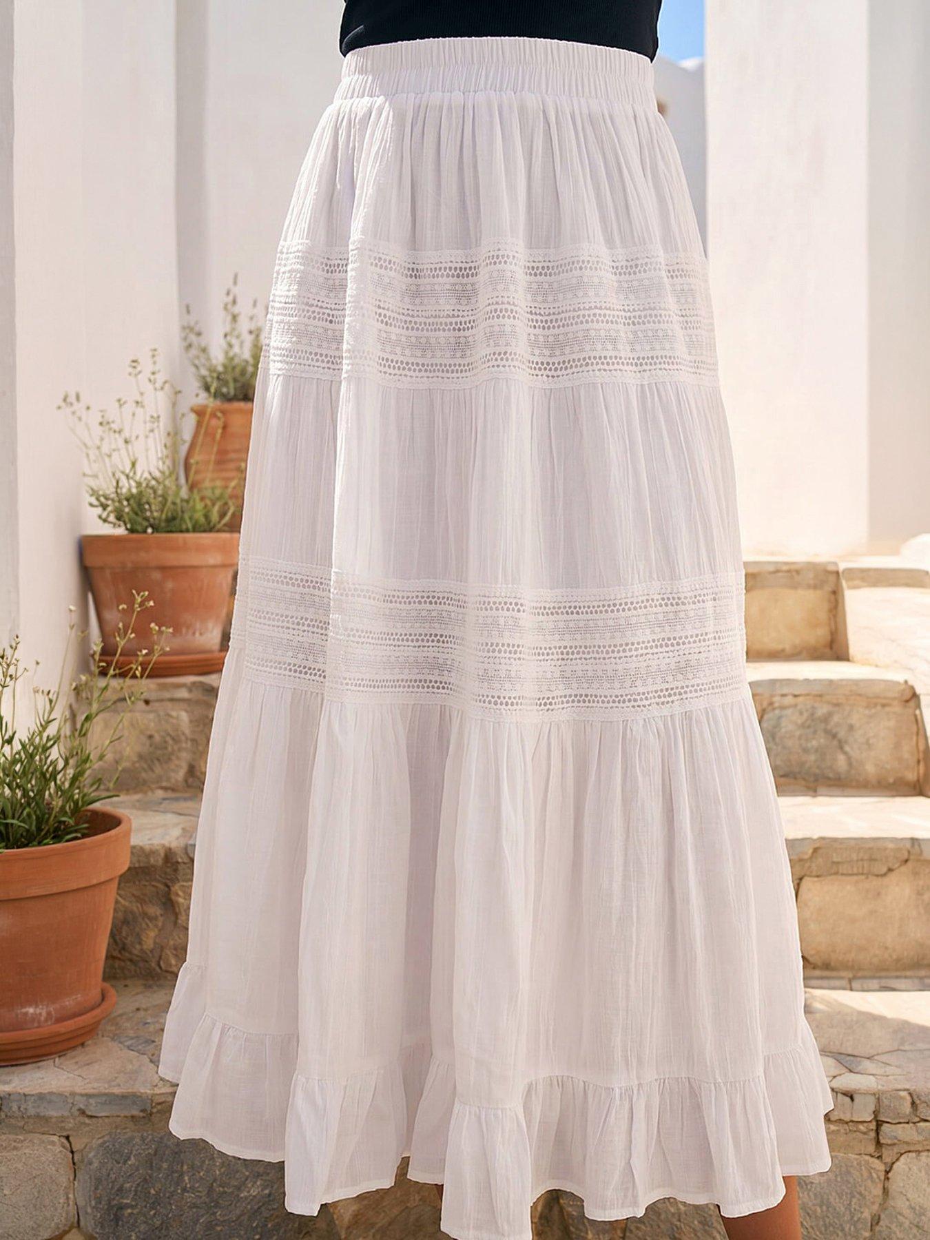 Roman Lace A-line Midi Skirt, White, Size 16, Women