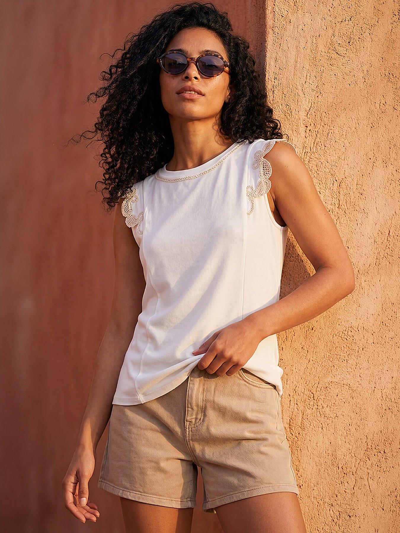 Roman Embroidered Frill Top, Cream, Size 10, Women