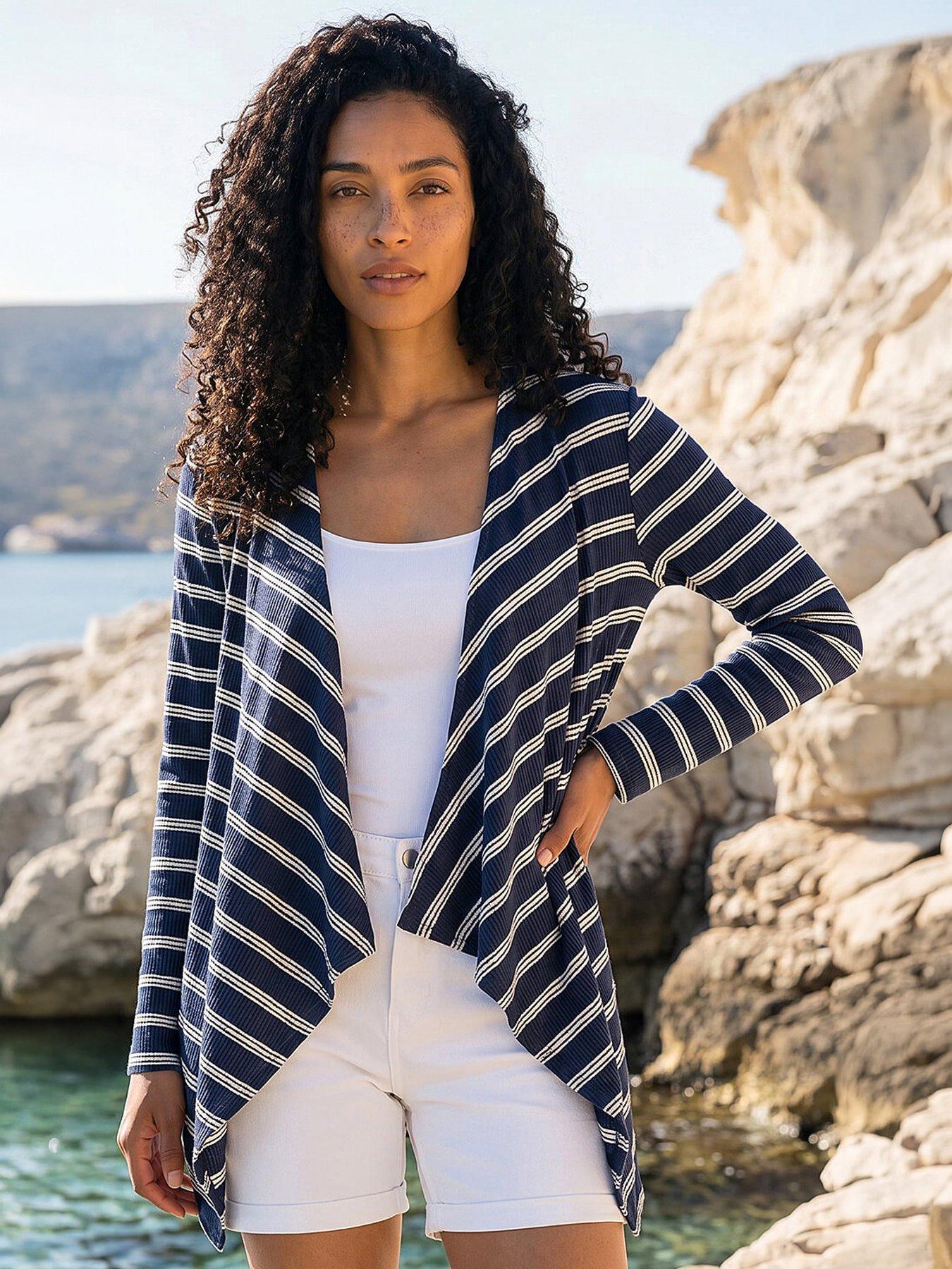 Roman Waterfall Stripe Knit Cardigan, Navy, Size 18, Women