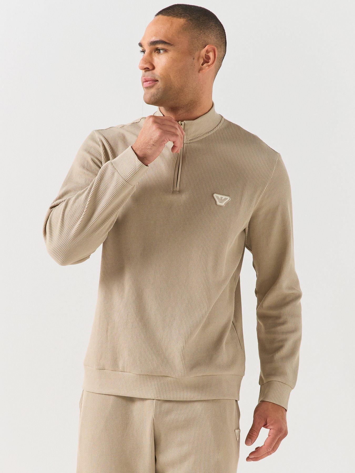 Emporio Armani Bodywear Mens Waffle Terry Half Zip Lounge Sweatshirt, Beige, Size M, Men