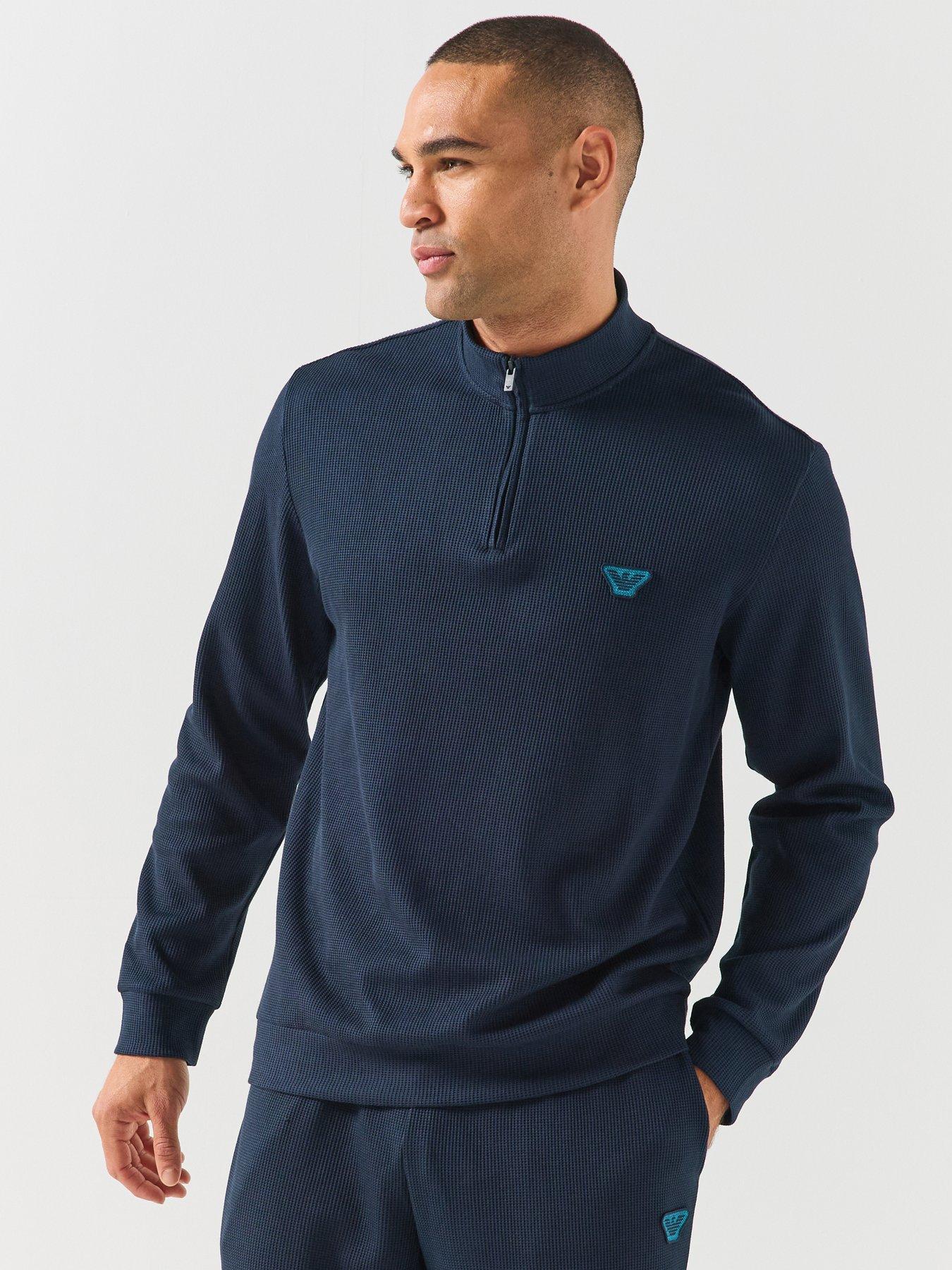 Emporio Armani Bodywear Mens Waffle Terry Half Zip Sweatshirt, Navy, Size M, Men