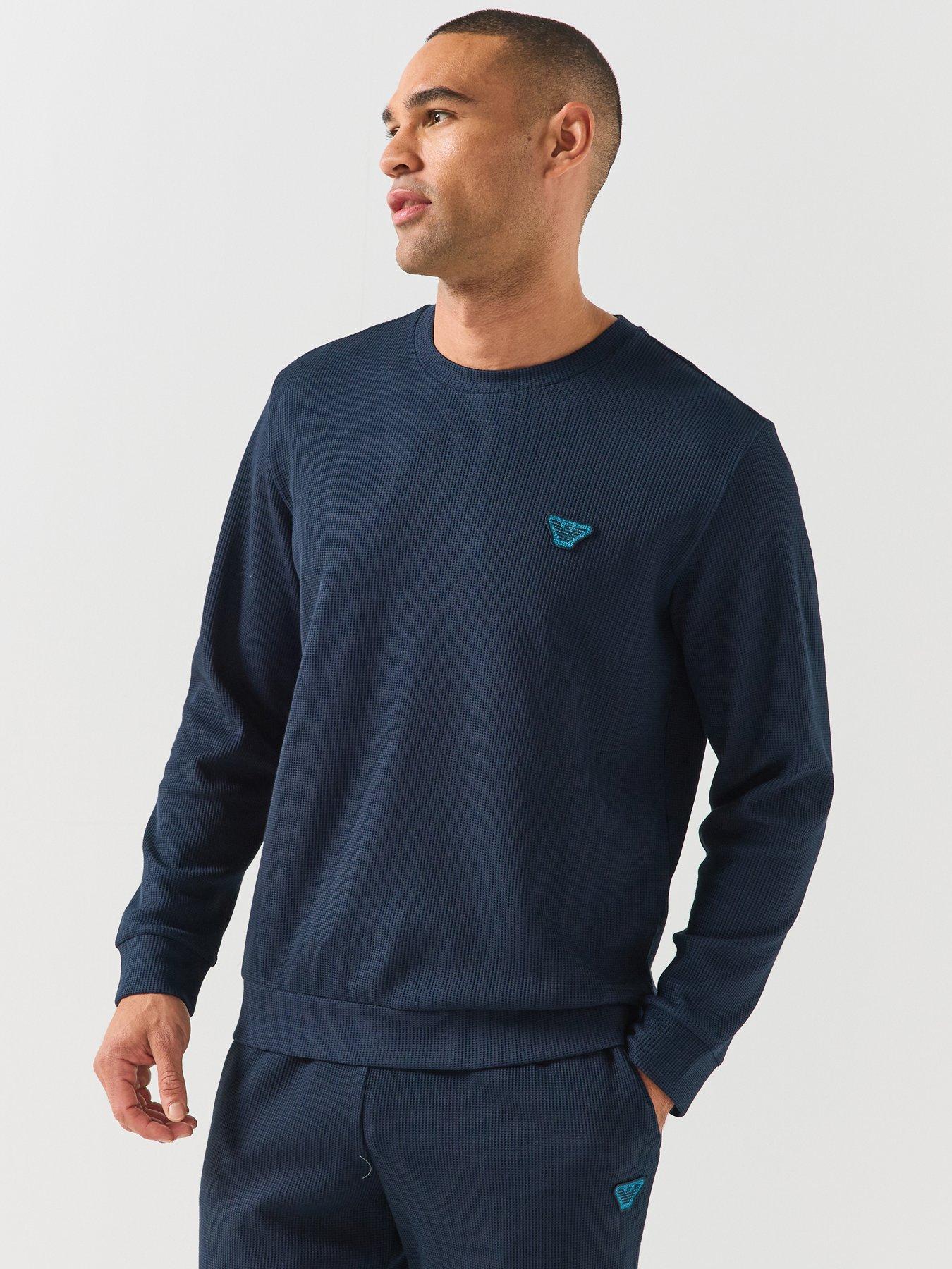 Emporio Armani Bodywear Mens Waffle Terry Crew Neck Lounge Sweatshirt, Navy, Size L, Men