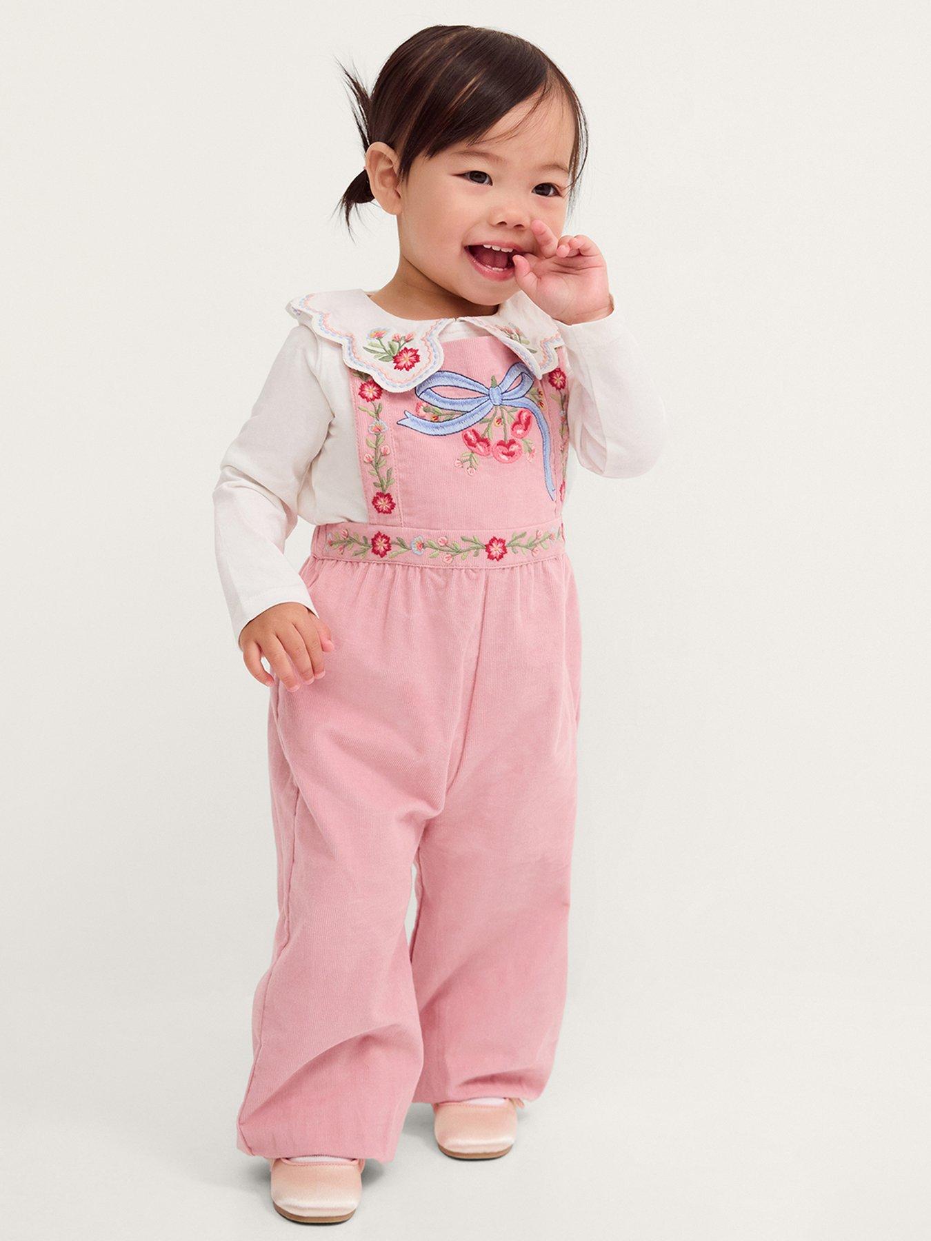 Monsoon Baby Girls Mon Cheri Embroidered Dungarees, Pink, Size 18-24 Months
