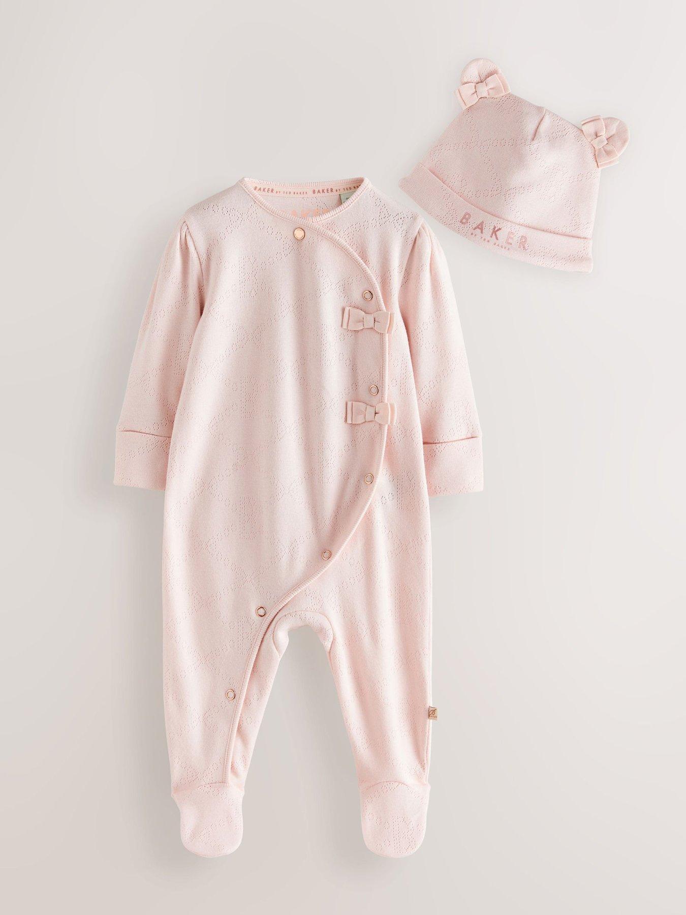 Image 1 of 7 of Ted Baker Baby Girls Pointelle Sleepsuit &amp; Hat - Light Pink