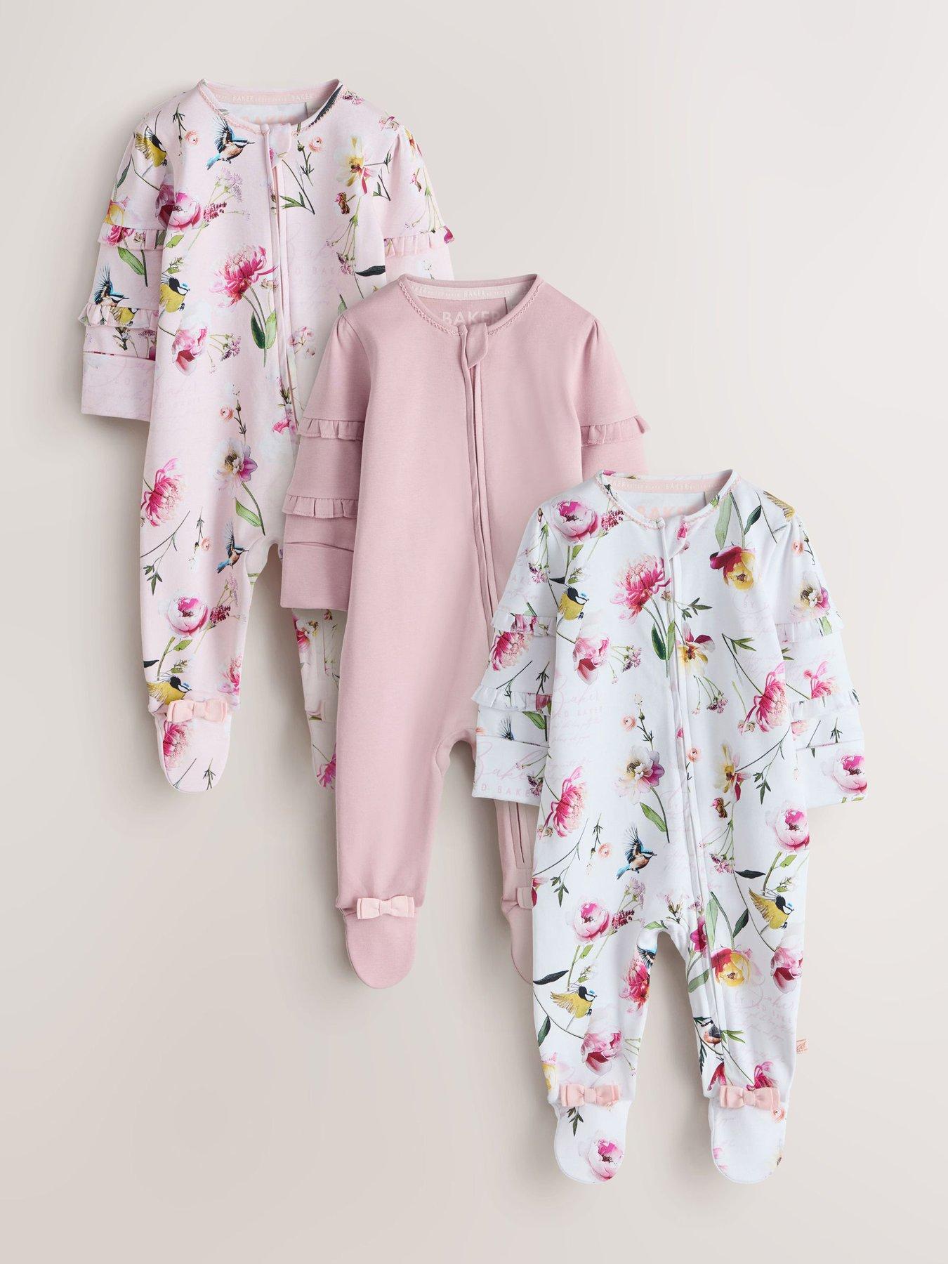 Image 1 of 7 of Ted Baker Baby Girls 3 Pack Floral Sleepsuits - Multi