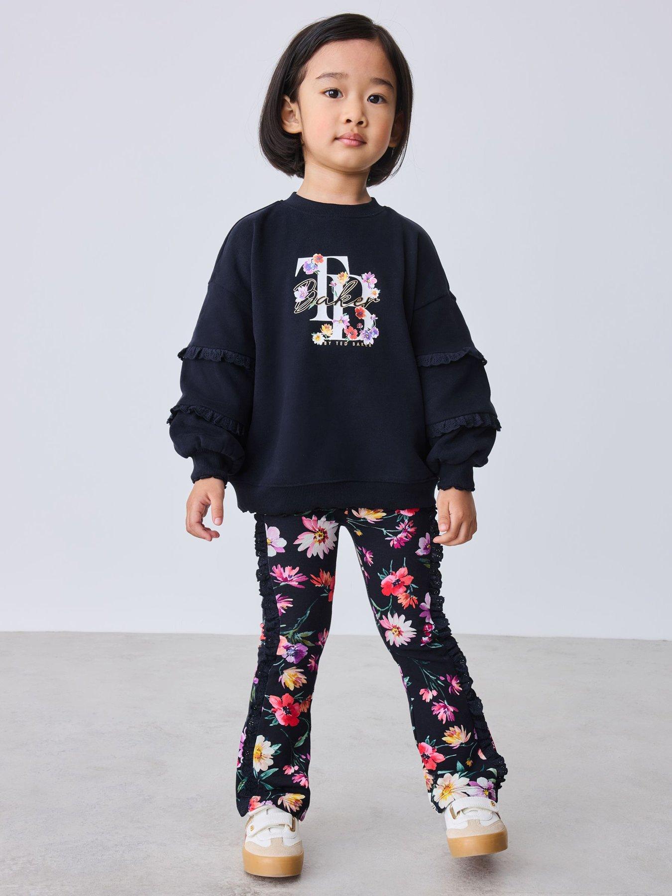 Image 1 of 7 of Ted Baker Younger Girls Lace Sweat Top &amp; Flare Leggings Set - Black