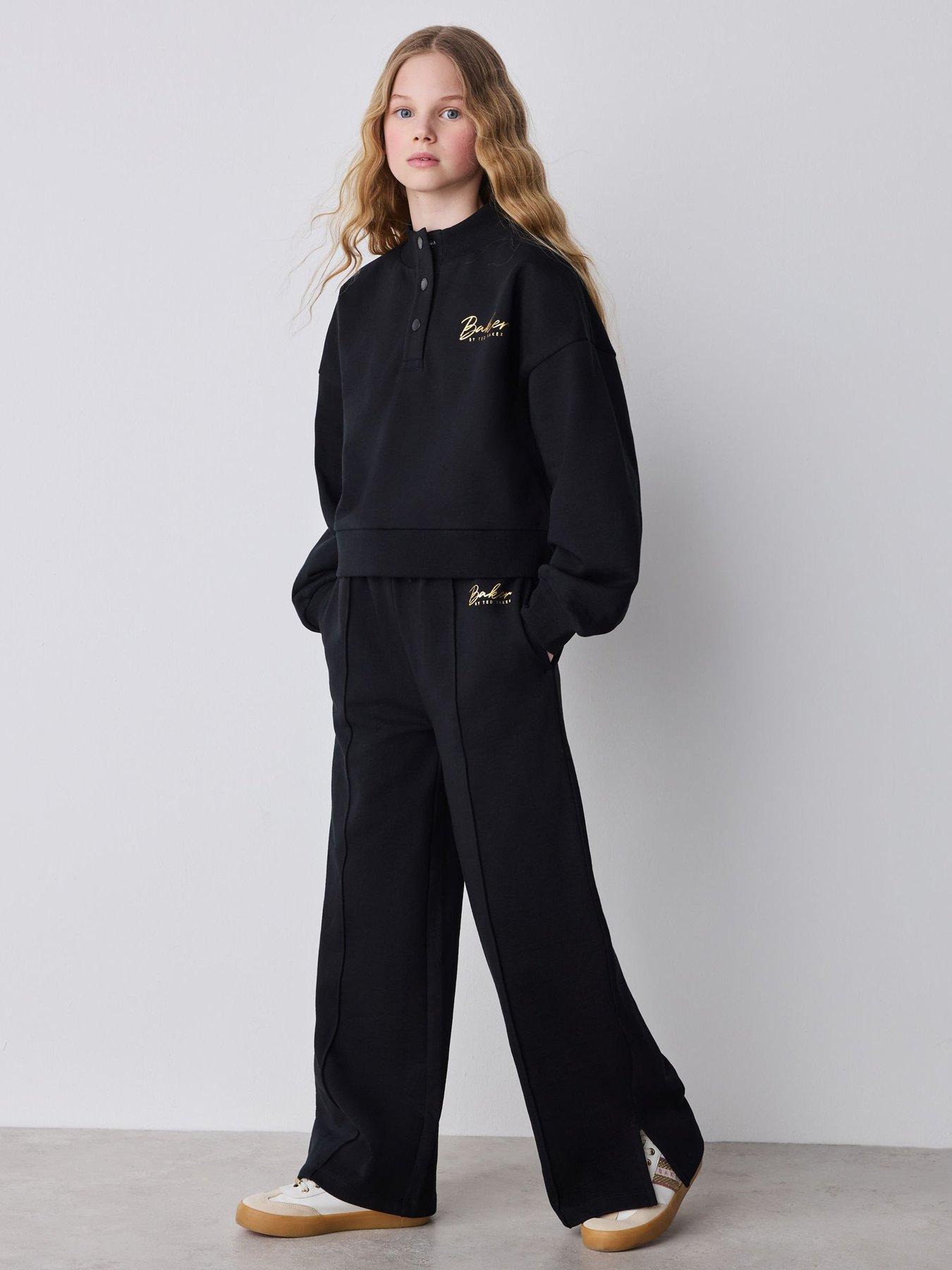 Image 1 of 7 of Ted Baker Older Girls 2 Piece Funnel Neck Graphic Sweat &amp; Wide Leg Set - Black