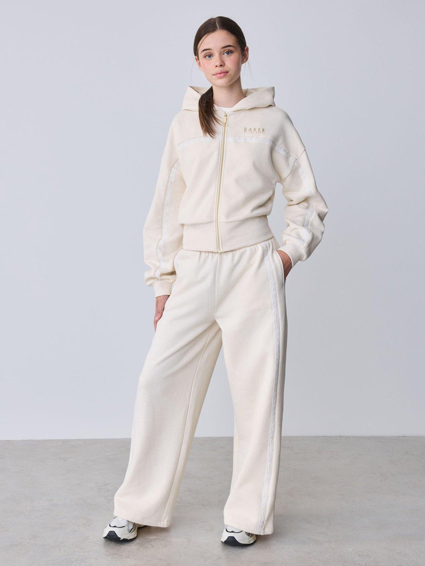 Image 1 of 7 of Ted Baker Girls 2 Piece Marl Lace Trim Zip Through Hoodie &amp; Joggers Set - Cream