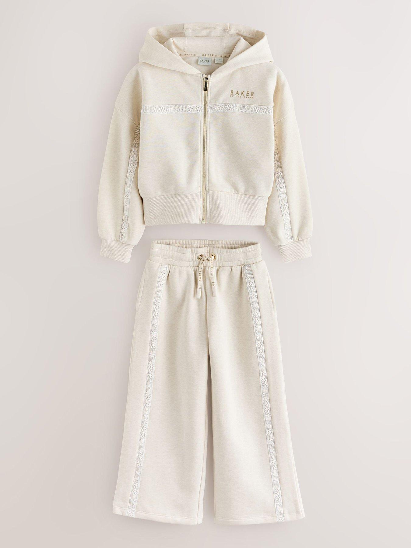 Image 2 of 7 of Ted Baker Girls 2 Piece Marl Lace Trim Zip Through Hoodie &amp; Joggers Set - Cream