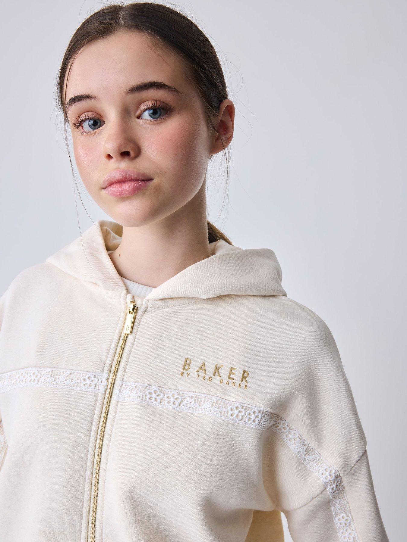Image 4 of 7 of Ted Baker Girls 2 Piece Marl Lace Trim Zip Through Hoodie &amp; Joggers Set - Cream