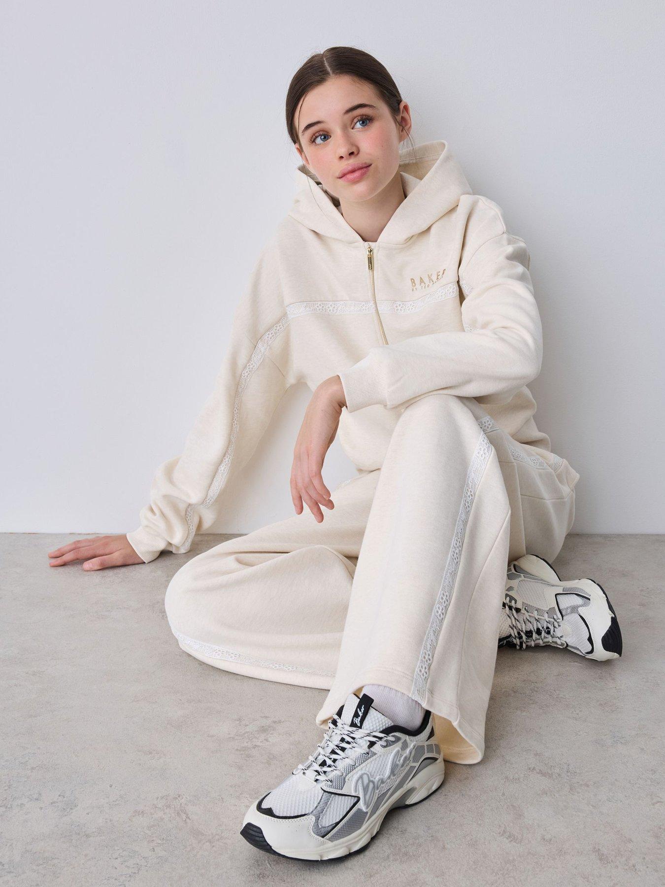 Image 5 of 7 of Ted Baker Girls 2 Piece Marl Lace Trim Zip Through Hoodie &amp; Joggers Set - Cream
