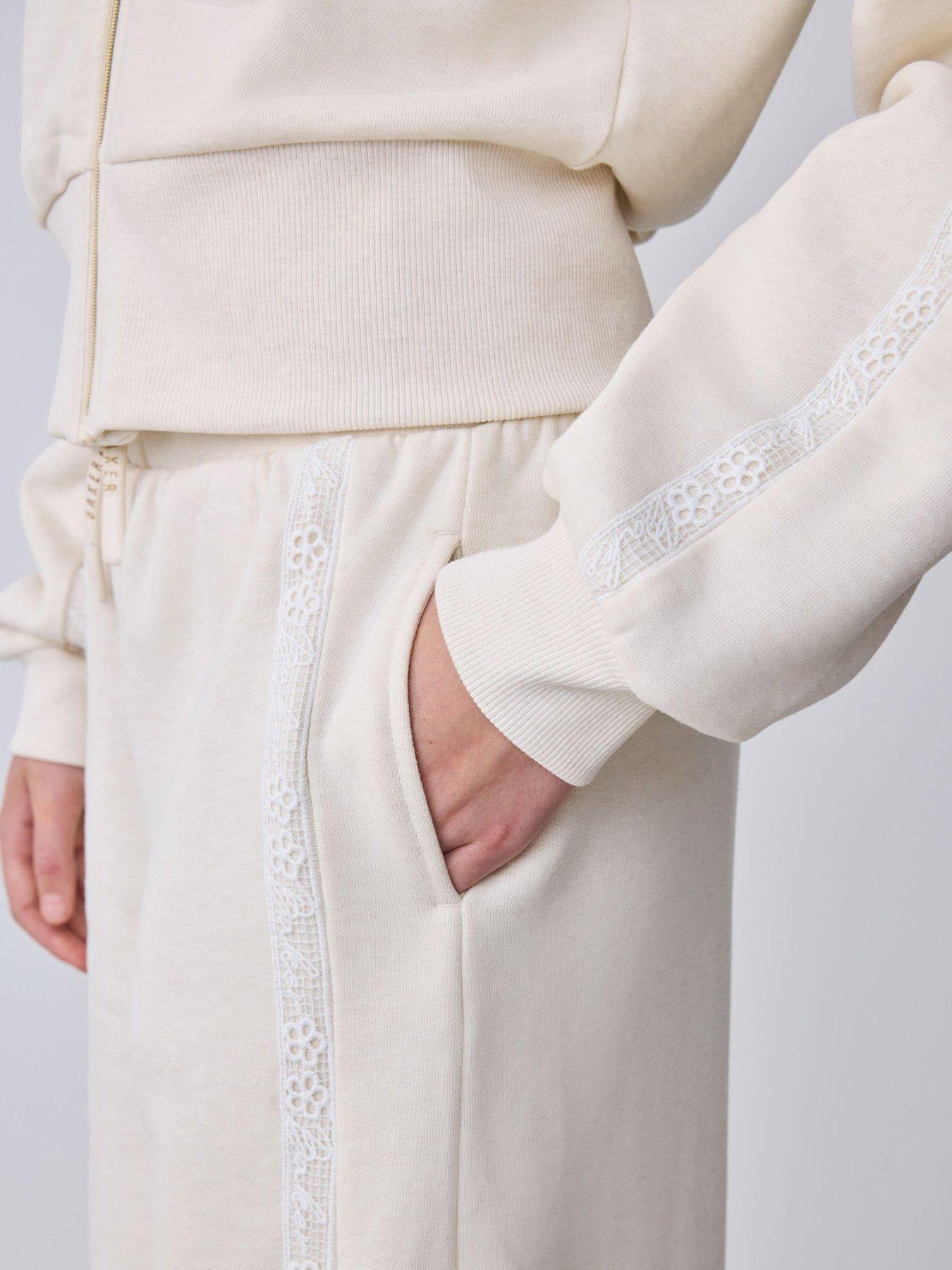 Image 6 of 7 of Ted Baker Girls 2 Piece Marl Lace Trim Zip Through Hoodie &amp; Joggers Set - Cream