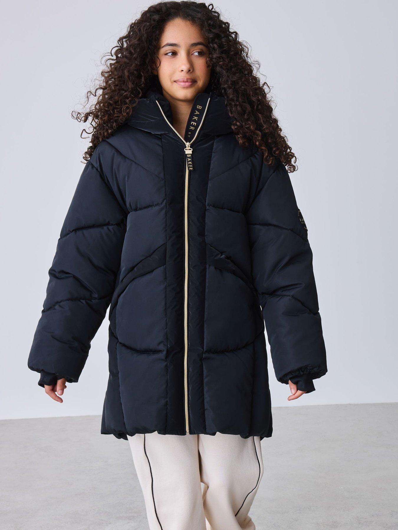 Image 1 of 7 of Ted Baker Girls Shower Resistant Panel Padded Longline Coat - Black