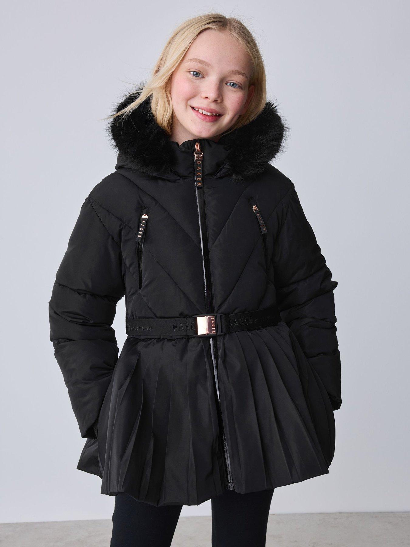 Image 1 of 7 of Ted Baker Girls Shower Resistant Short Belted Pleat Skirt Coat - Black