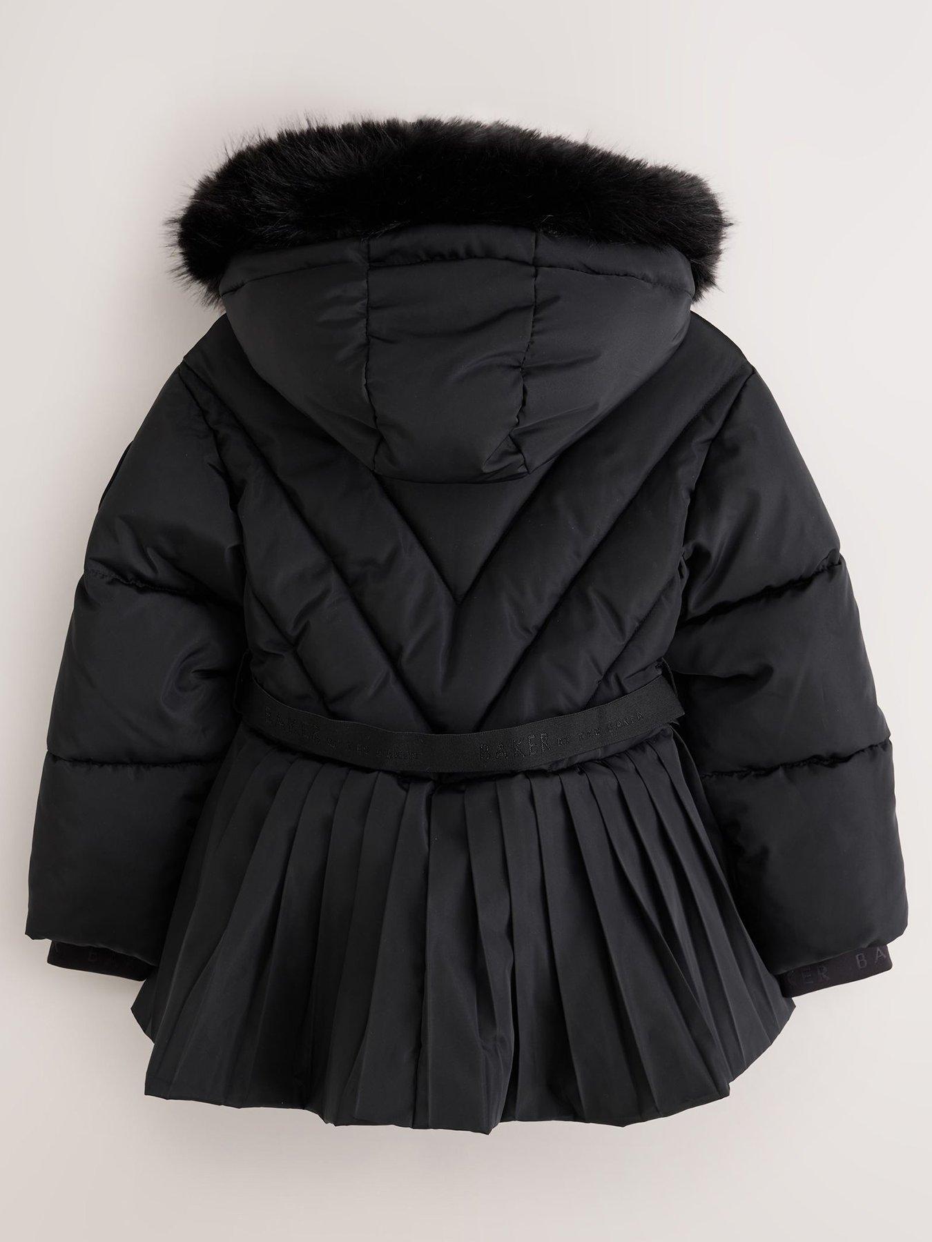 Image 3 of 7 of Ted Baker Girls Shower Resistant Short Belted Pleat Skirt Coat - Black