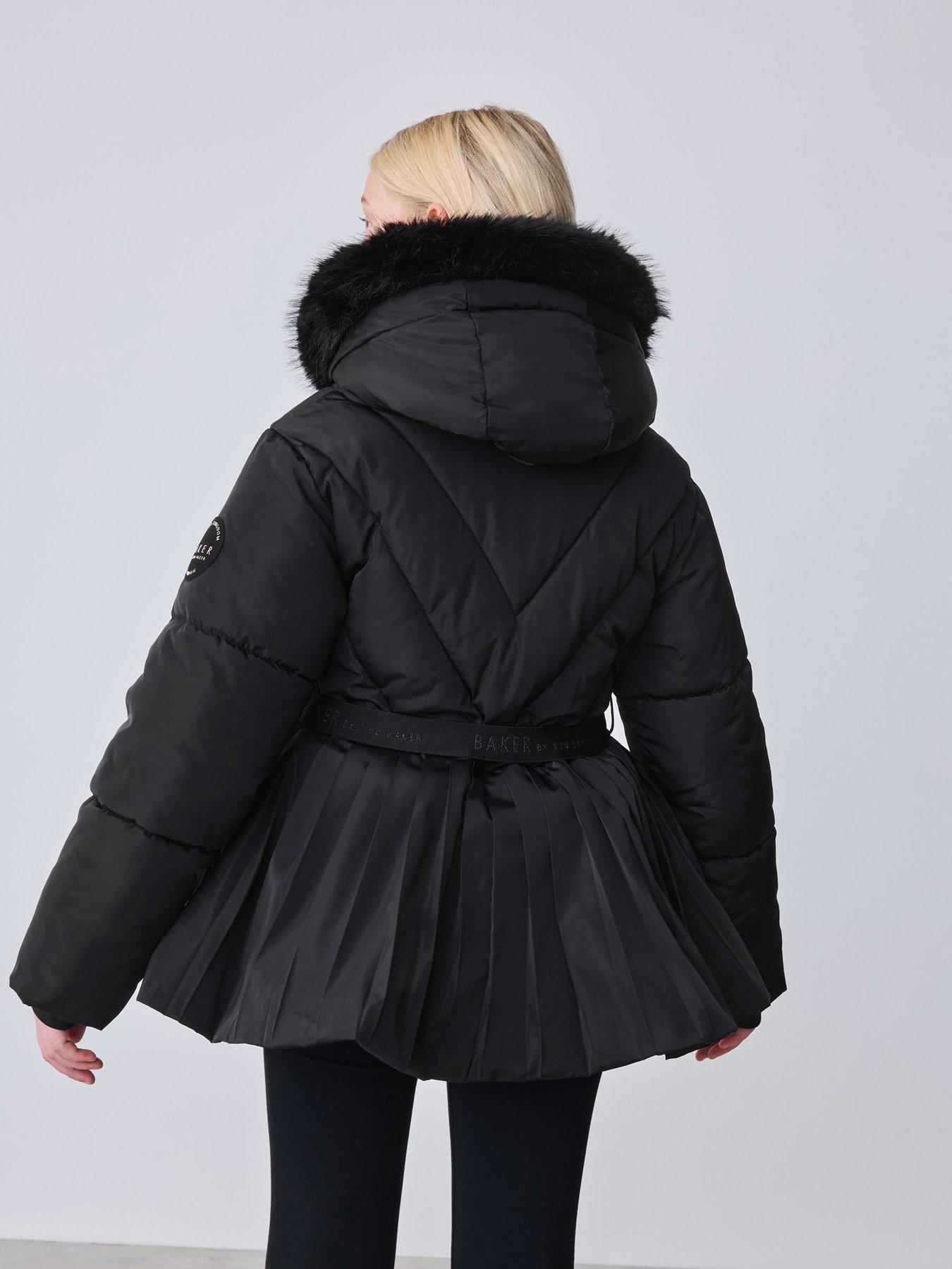 Image 4 of 7 of Ted Baker Girls Shower Resistant Short Belted Pleat Skirt Coat - Black