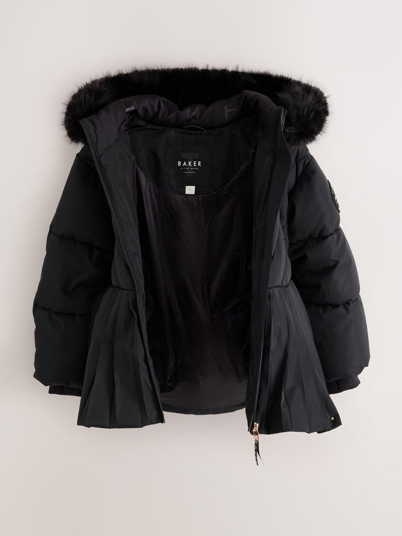 Image 6 of 7 of Ted Baker Girls Shower Resistant Short Belted Pleat Skirt Coat - Black