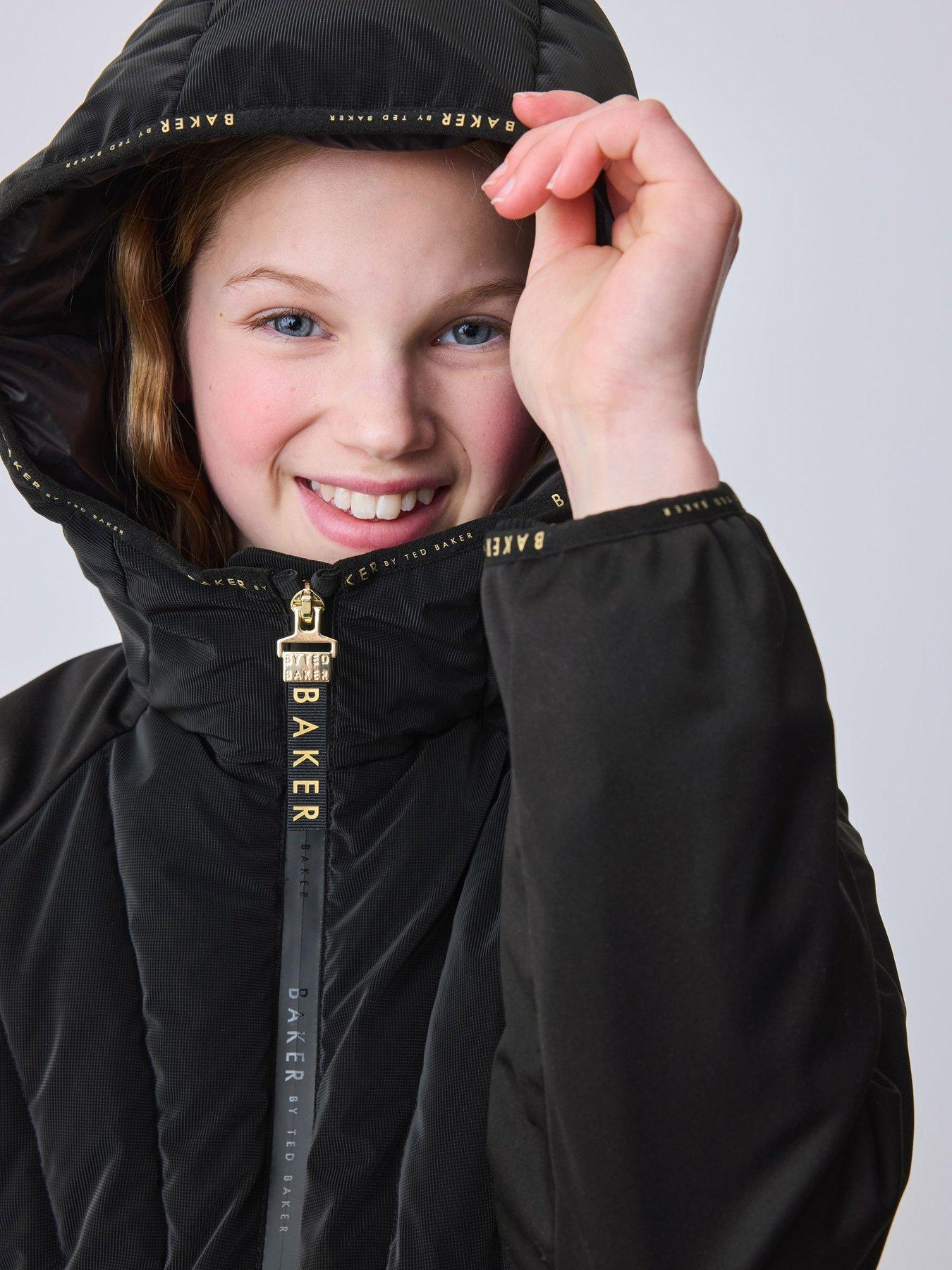 Image 4 of 7 of Ted Baker Girls Shower Resistant Short Seamed Panel Coat - Black
