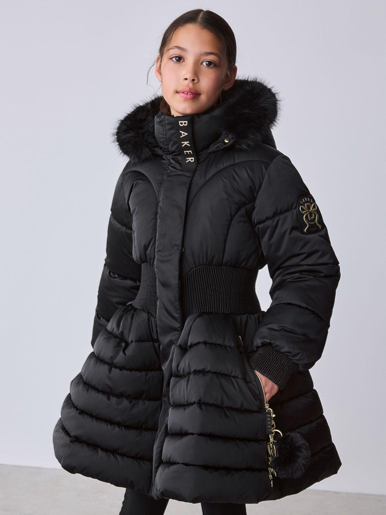 Ted Baker Girls' Quilted Padded Coat with Faux Fur Hood and Flared Skirt Hem - Black