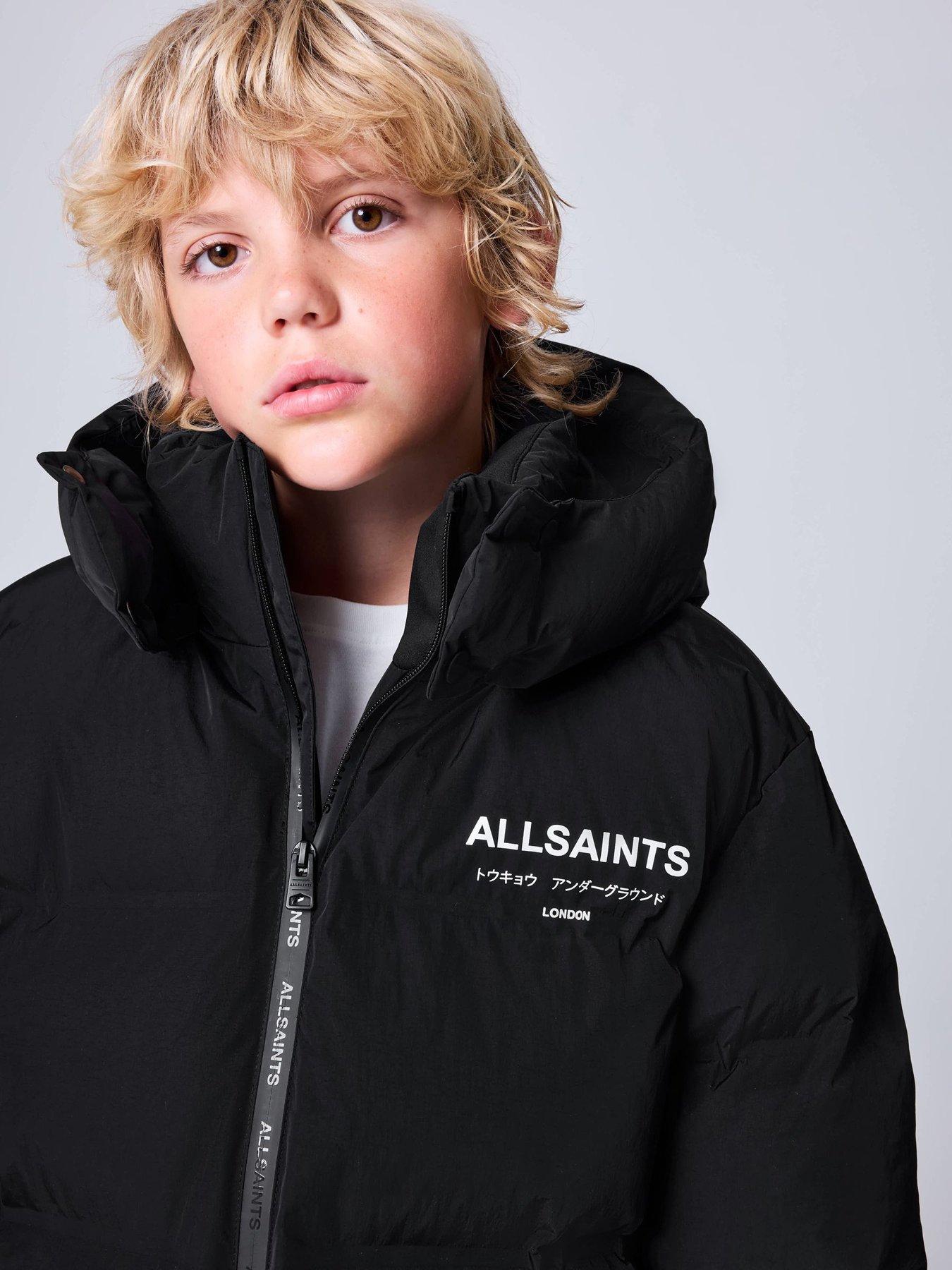 Image 6 of 7 of smALLSAINTS Boys' Hooded Puffer Jacket with Zip Pockets and Logo Detail - Black