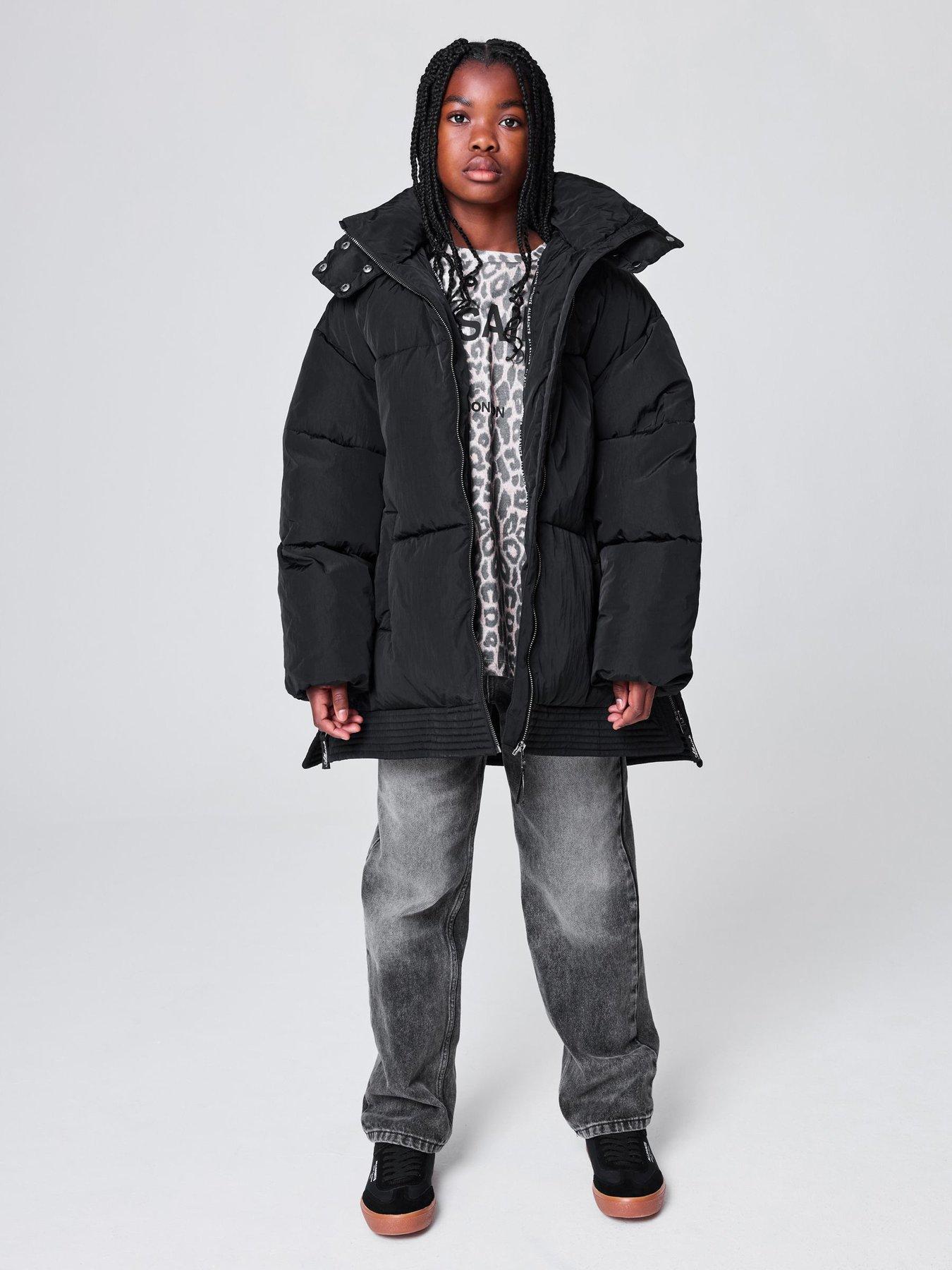 Image 1 of 7 of smALLSAINTS Girls Girls' Longline Hooded Puffer Coat with Zip Fastening - Black