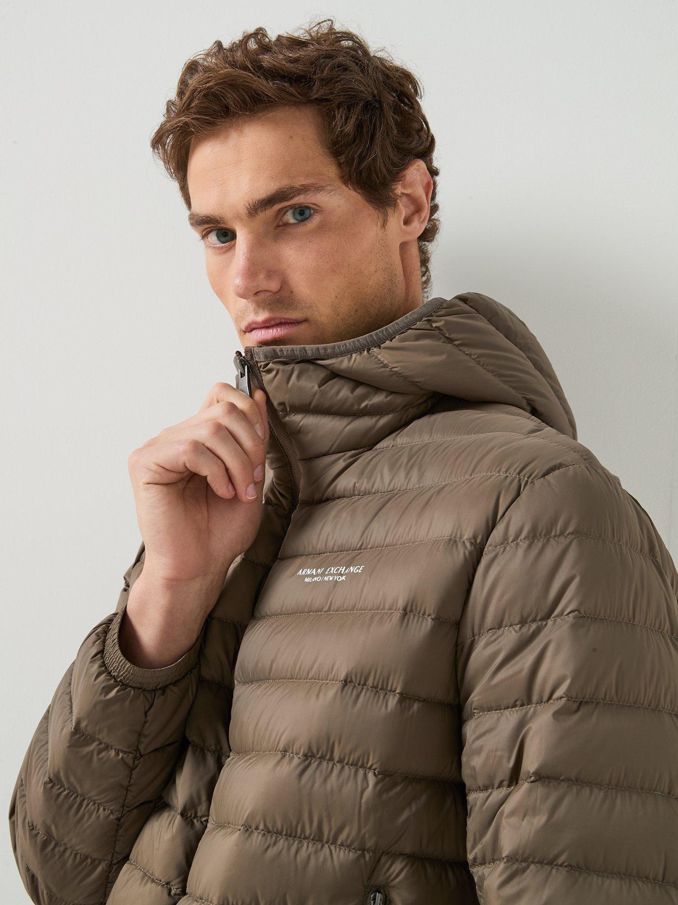Image 4 of 6 of Armani Exchange Mens Padded Hooded Jacket - Brown