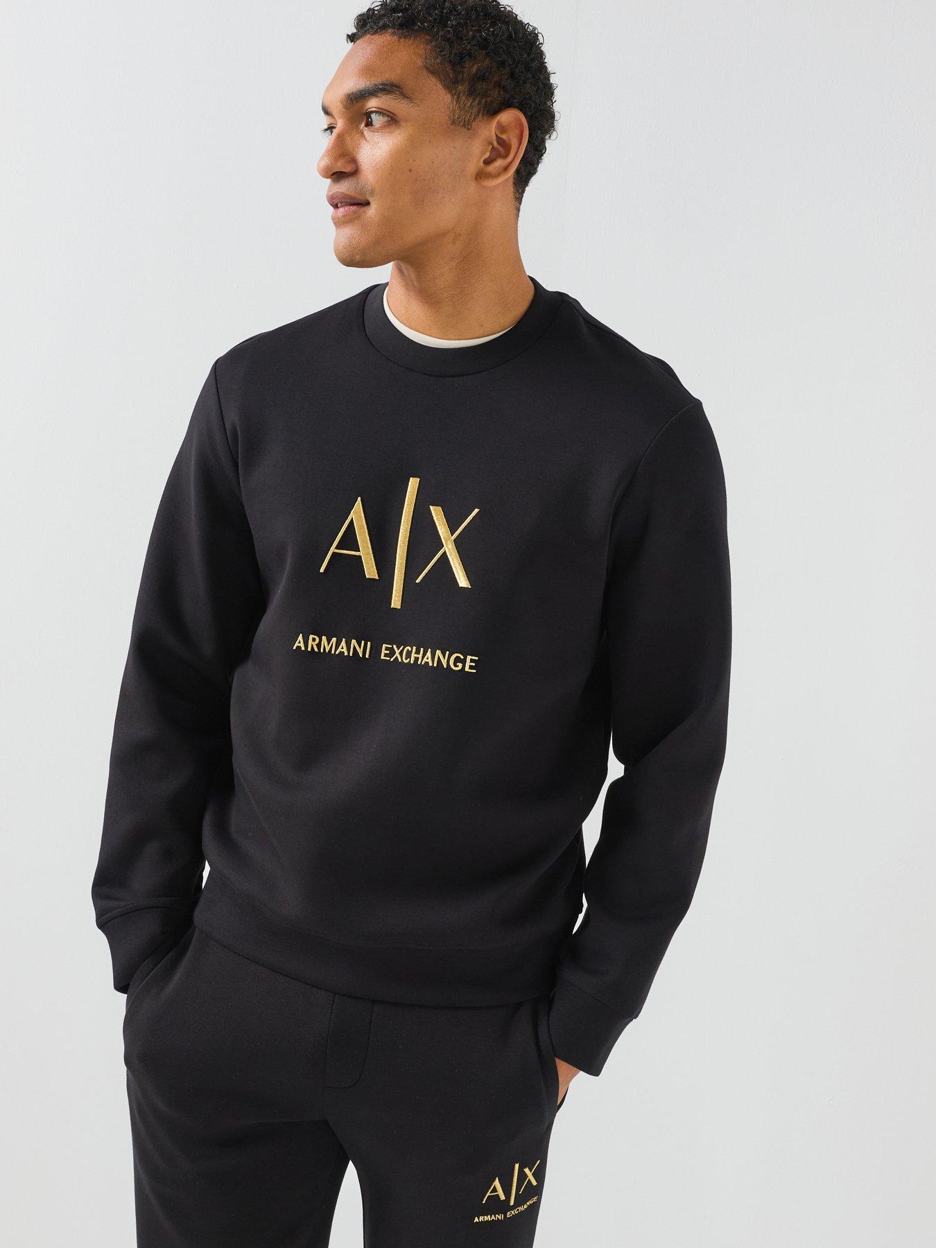 Image 1 of 6 of Armani Exchange Men's Black and Gold Logo Sweatshirt with Crew Neck and Long Sleeves - Black