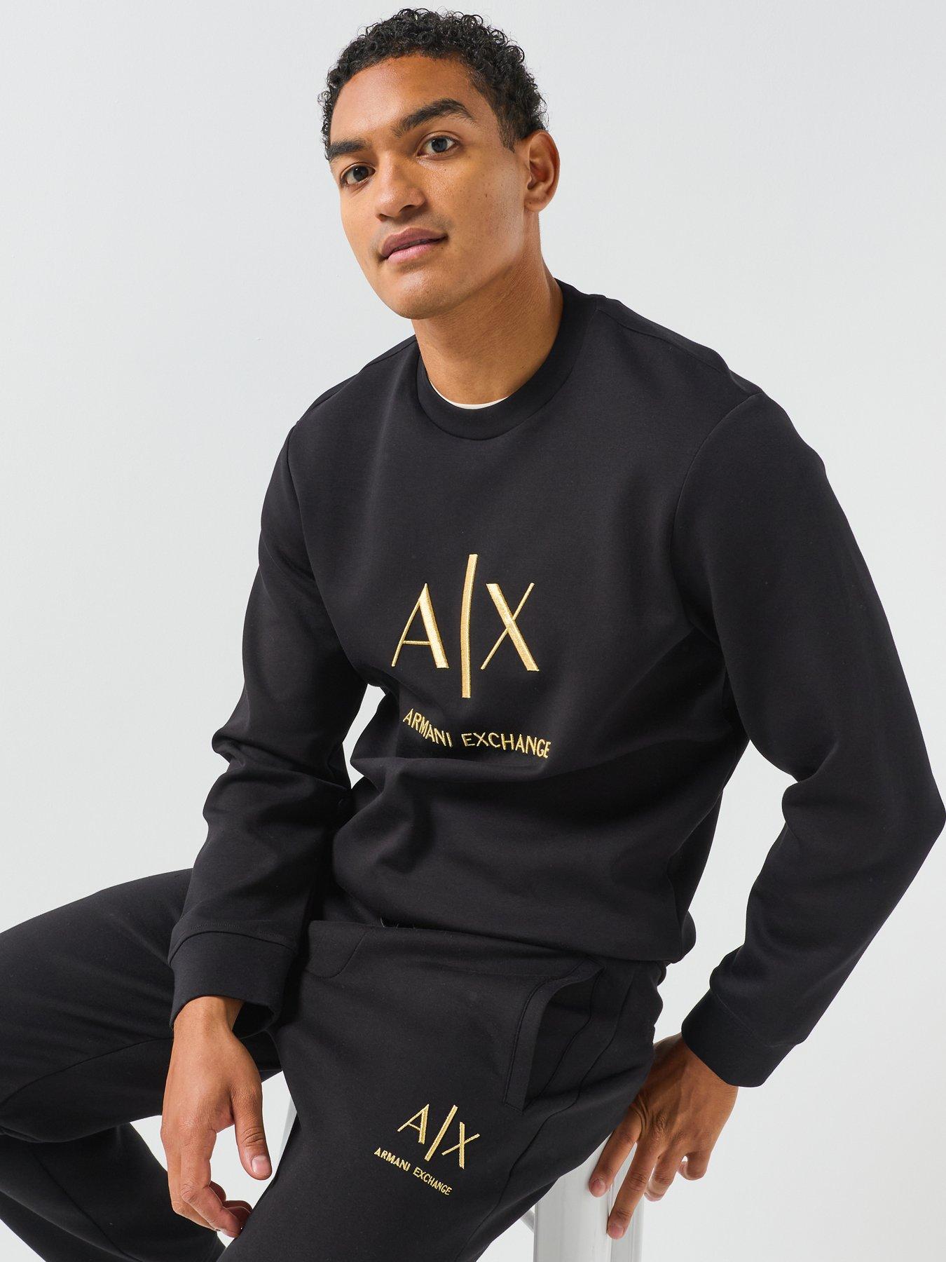 Image 4 of 6 of Armani Exchange Men's Black and Gold Logo Sweatshirt with Crew Neck and Long Sleeves - Black