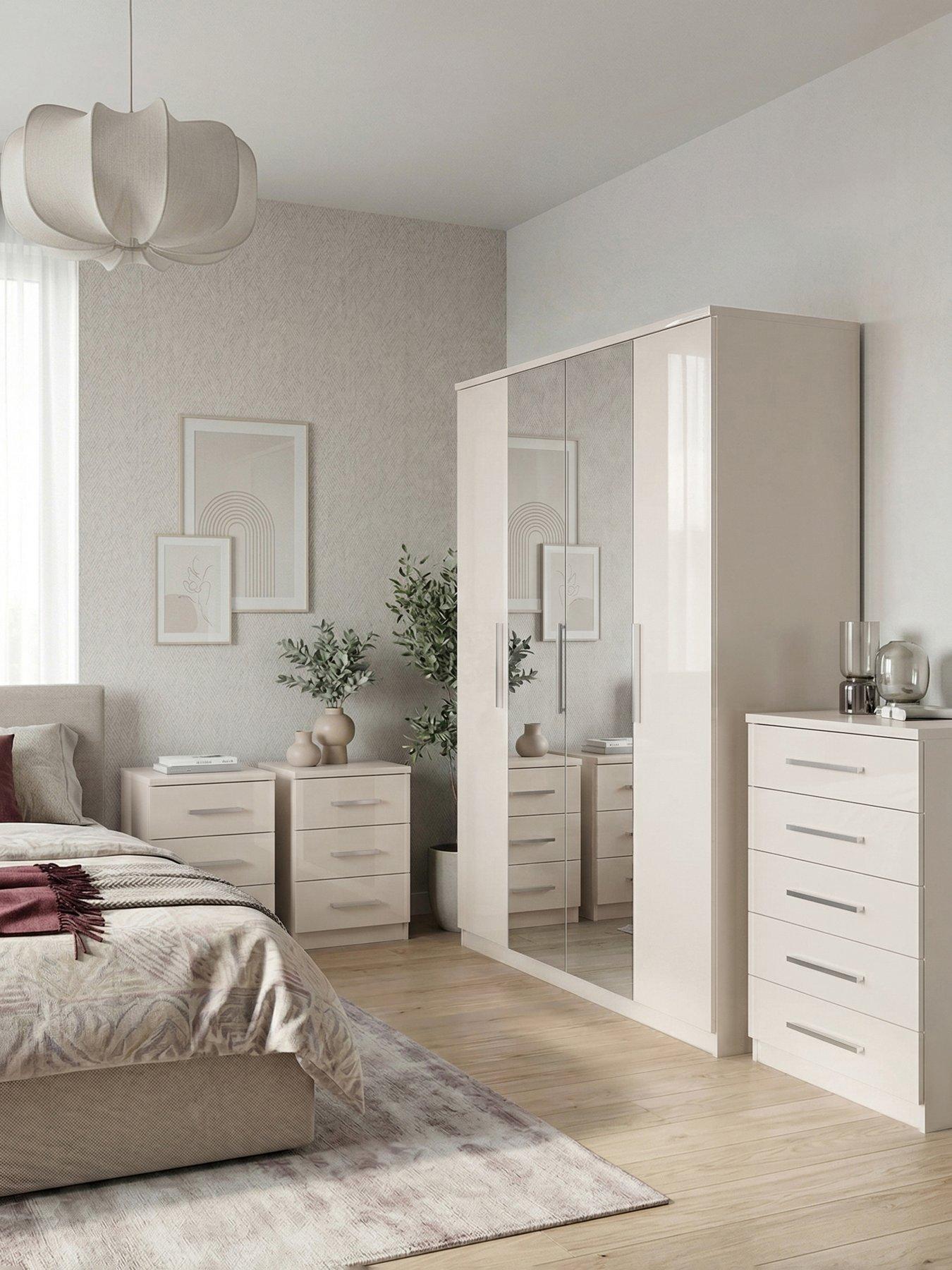 The Very Collection Prague 4 Piece Package - 4 Door Mirrored Wardrobe, 5 Drawer Chest and Pair of 3 Drawer Bedside Chests - White Gloss - FSC® Certified
