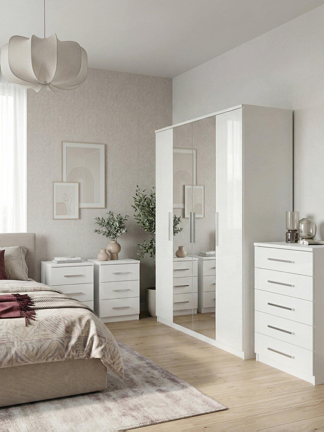 Image 1 of 6 of The Very Collection Prague 4 Piece Package - 4 Door Mirrored Wardrobe, 5 Drawer Chest and Pair of 3 Drawer Bedside Chests - White Gloss - FSC&reg; Certified