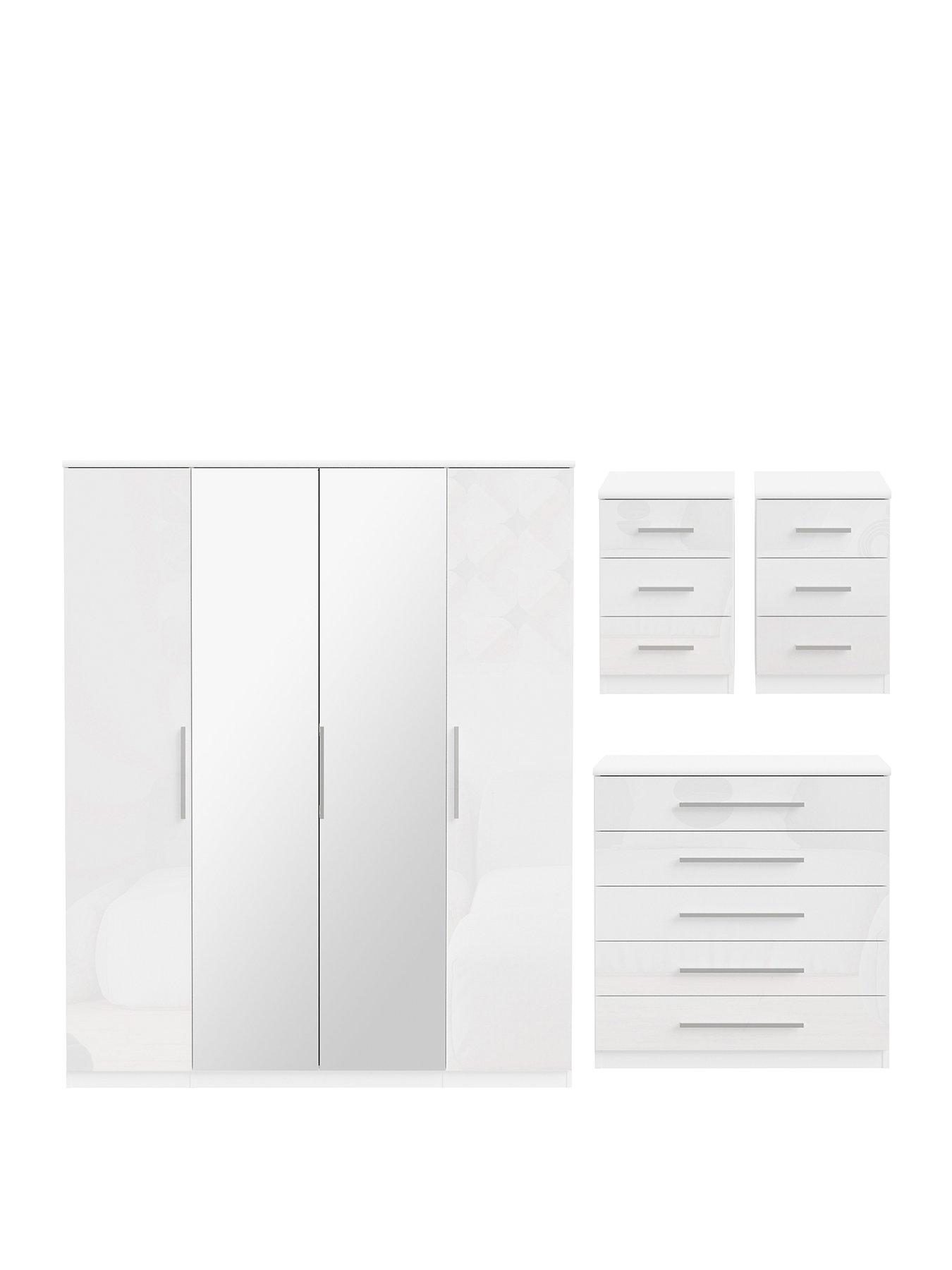 Image 2 of 6 of The Very Collection Prague 4 Piece Package - 4 Door Mirrored Wardrobe, 5 Drawer Chest and Pair of 3 Drawer Bedside Chests - White Gloss - FSC&reg; Certified