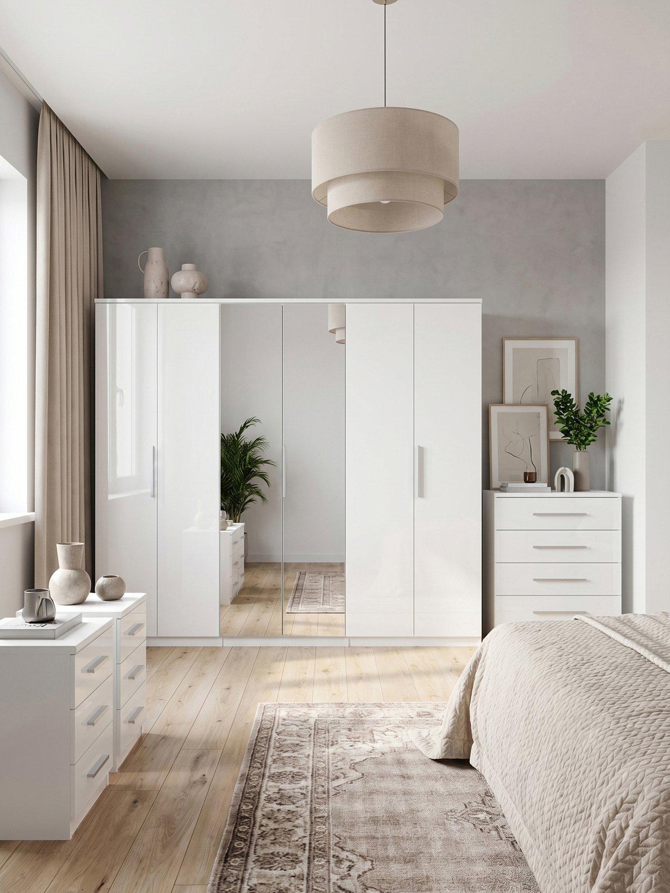 Image 1 of 6 of The Very Collection Prague Gloss Package&nbsp;- 6 Door Wardrobe,&nbsp;5 Drawer Chest and Pair of 3 Drawer Bedside Chests&nbsp;- White - FSC&reg; Certified