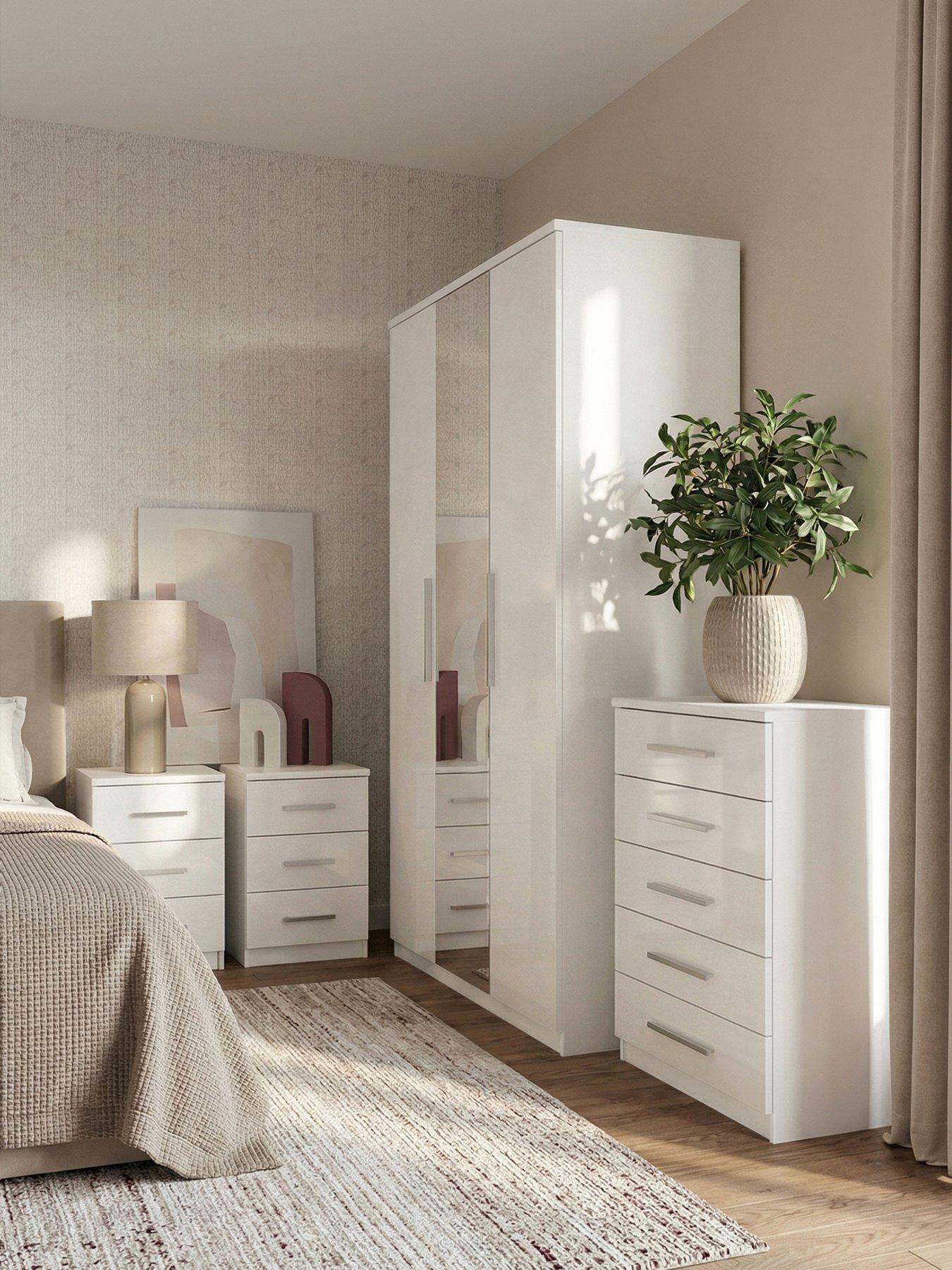 Image 1 of 6 of The Very Collection Prague 4 Piece&nbsp;Package&nbsp;- 3 Door Mirrored Wardrobe, 5 Drawer Chest and Pair of 3 Drawer Bedside Chests&nbsp;- White Gloss - FSC&reg; Certified