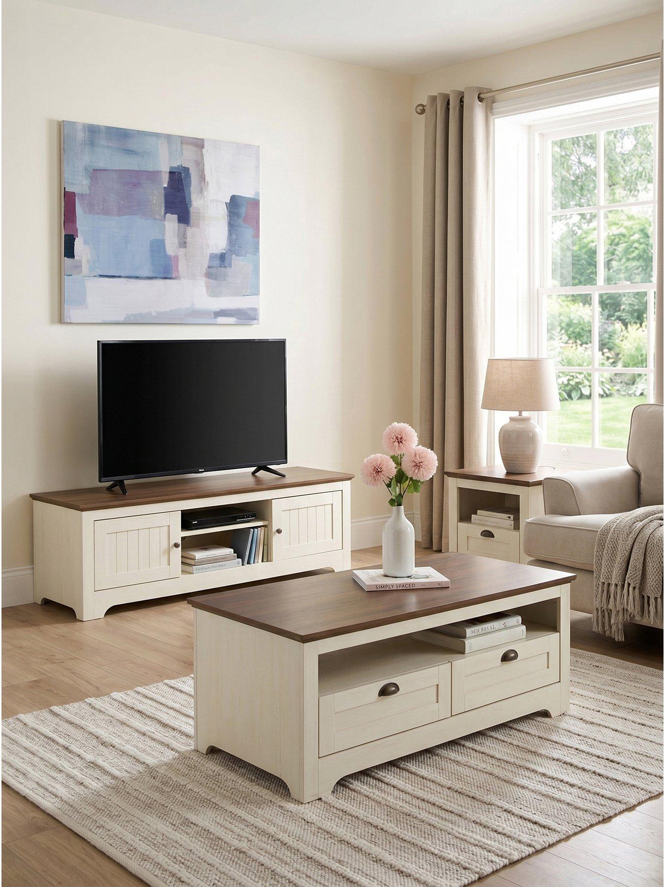 The Very Collection New Devon 3 Piece Package - Lamp Table, Coffee Table, TV Unit - Ivory/Walnut - FSC® Certified