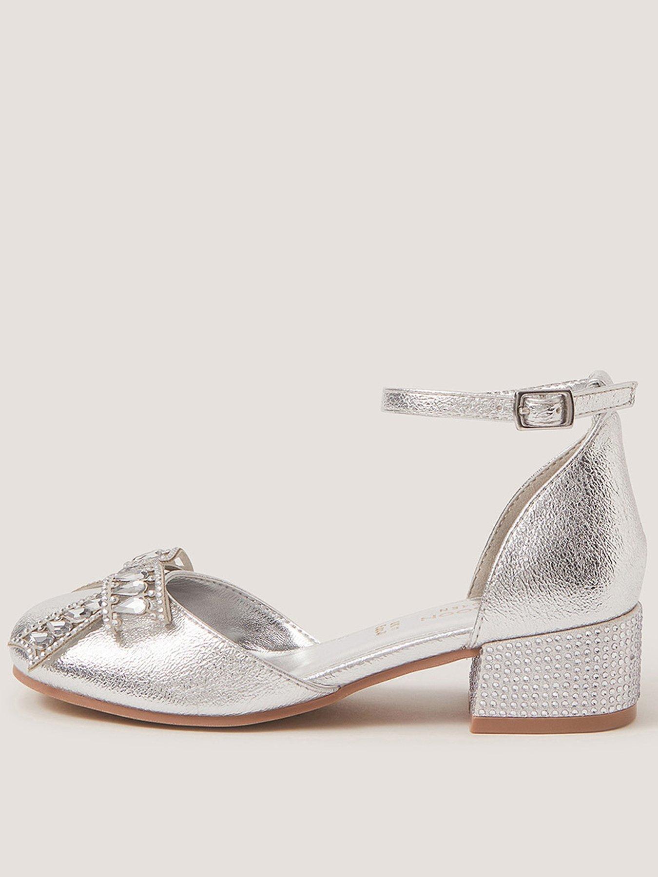 Image 1 of 3 of Monsoon Girls Diamante Bow 2 Part Heel Shoes - Silver