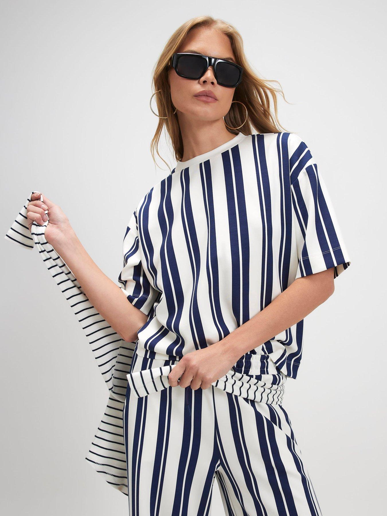River Island Short Sleeve Vertical Stripe Neo Boxy Co-Ord T-Shirt - White