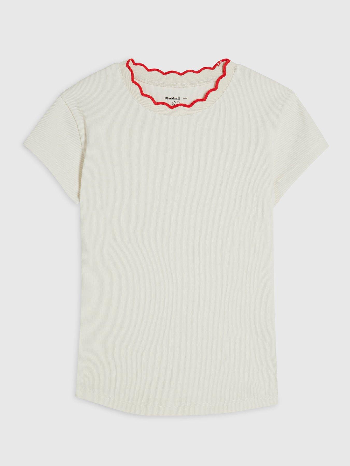 Image 5 of 6 of River Island Scallop Trim T-Shirt - White