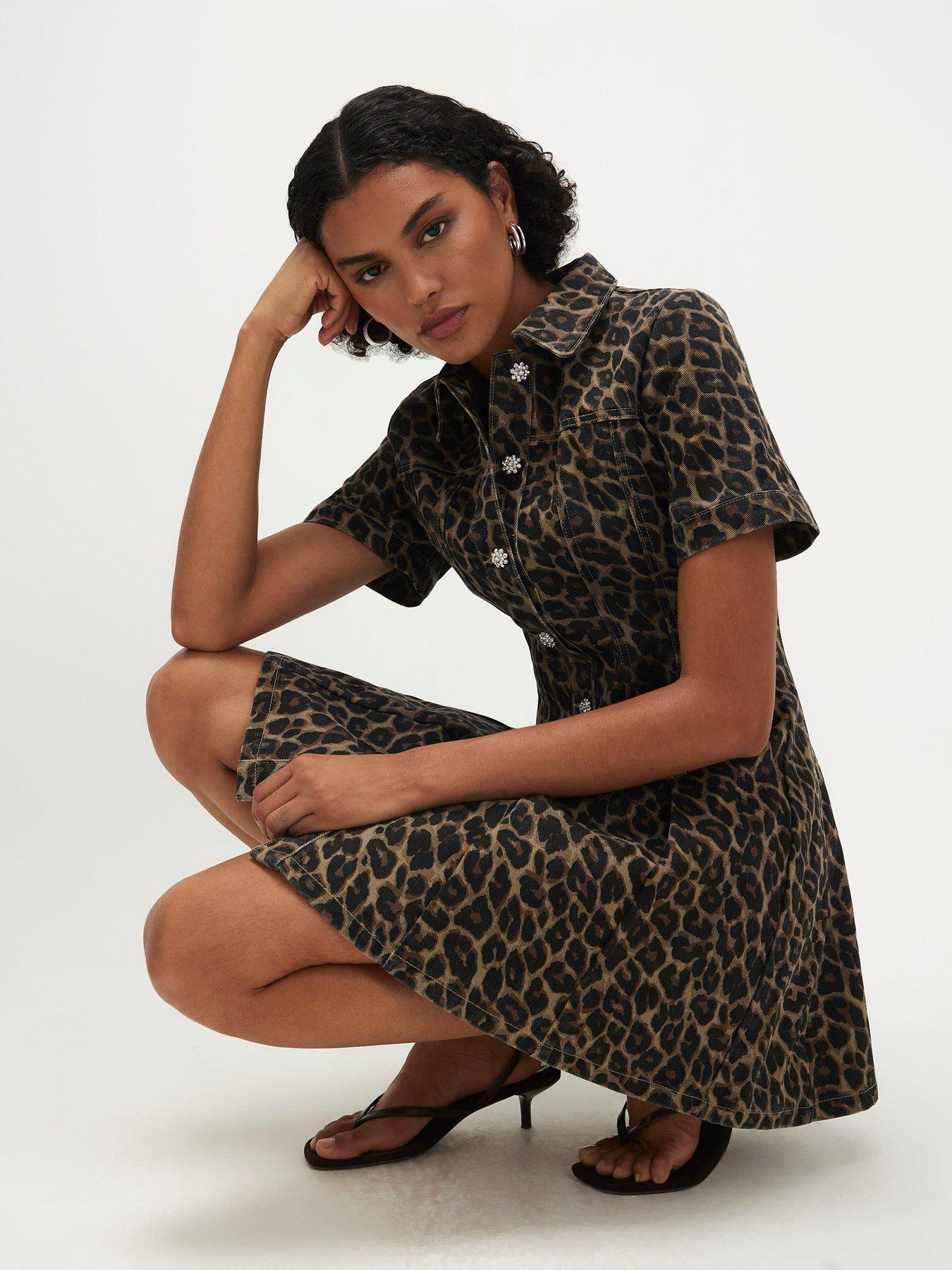 Image 1 of 6 of River Island Womens Button-Through Pleat Front Leopard Shirt Dress - Brown