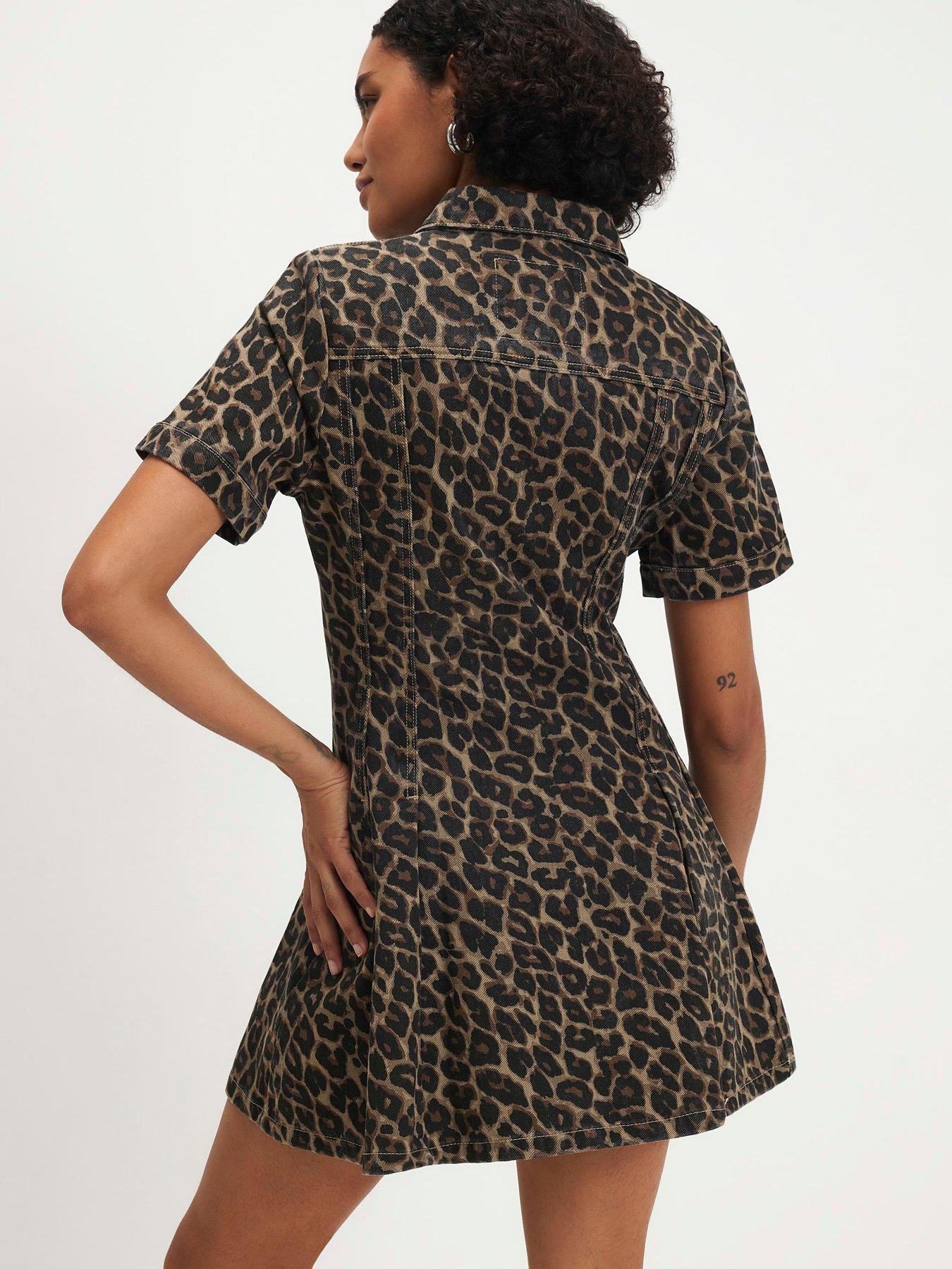 Image 2 of 6 of River Island Womens Button-Through Pleat Front Leopard Shirt Dress - Brown