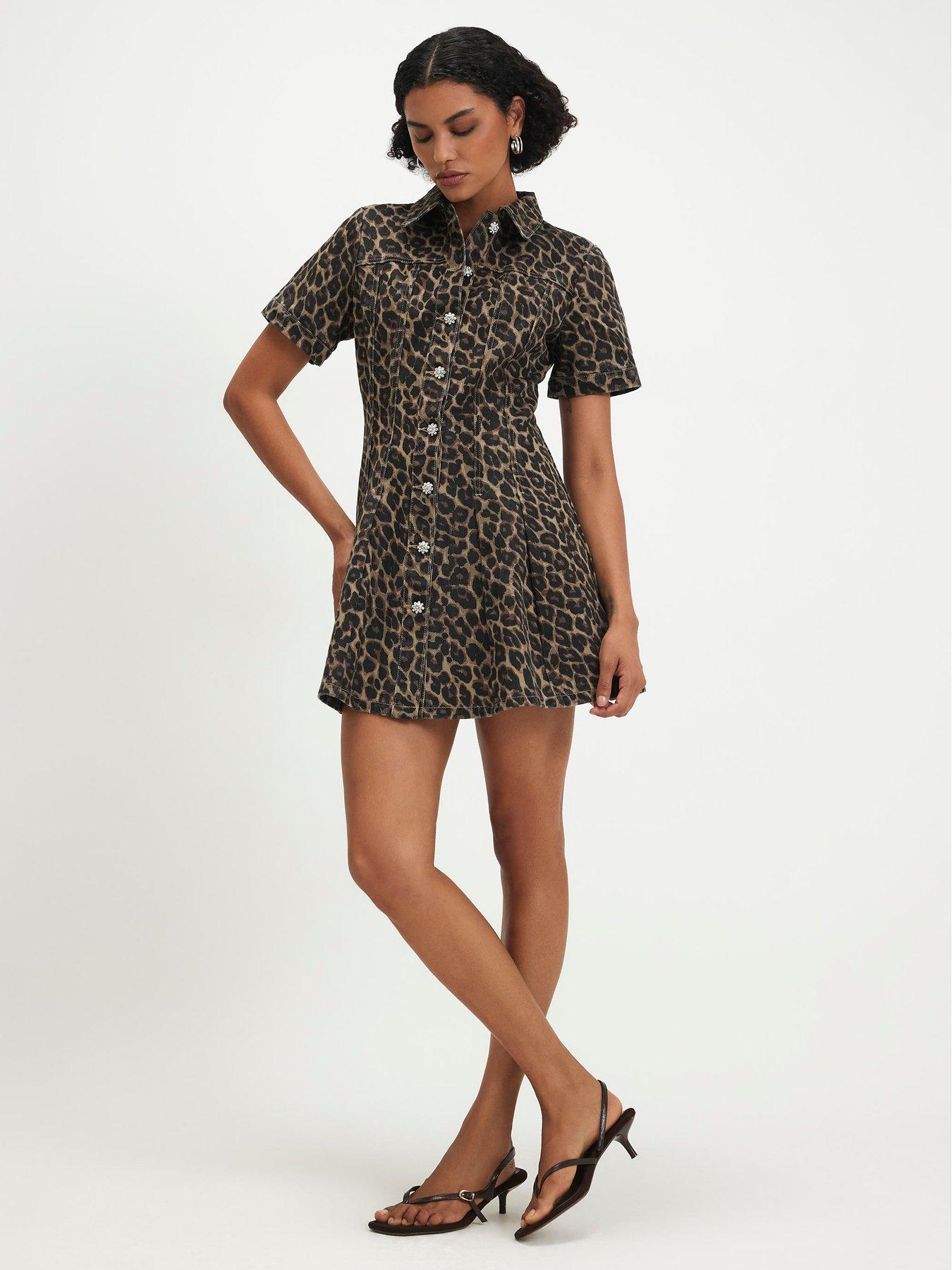 Image 3 of 6 of River Island Womens Button-Through Pleat Front Leopard Shirt Dress - Brown