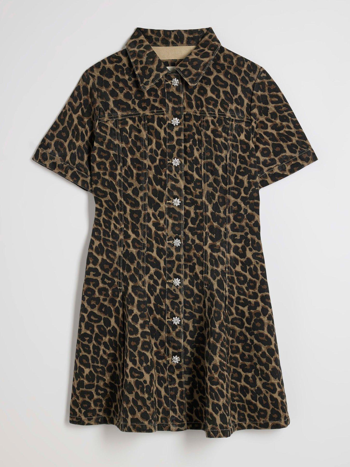 Image 5 of 6 of River Island Womens Button-Through Pleat Front Leopard Shirt Dress - Brown