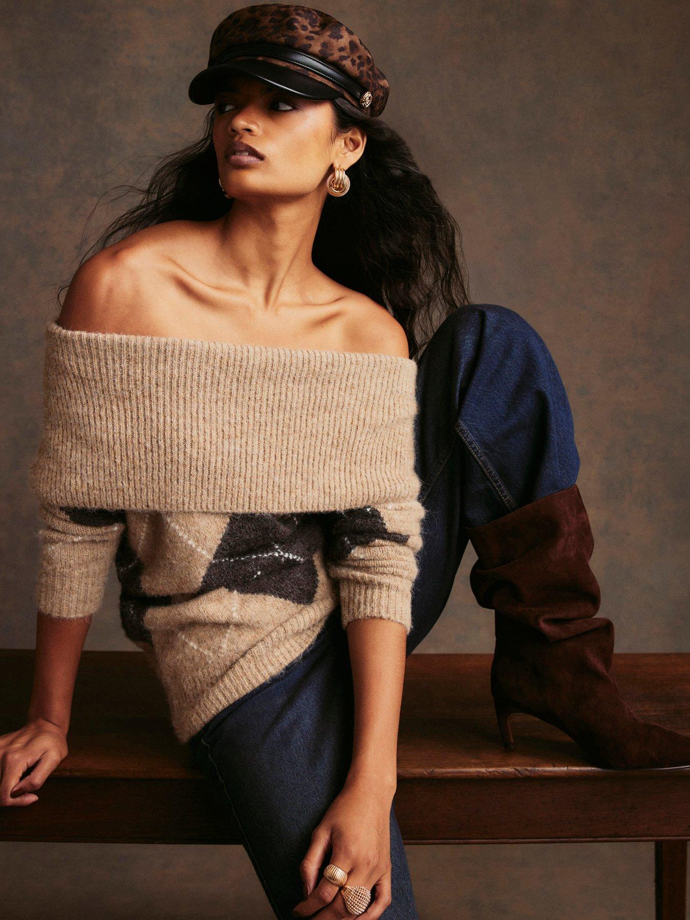 Image 1 of 6 of River Island Womens Argyle Bardot Knit Jumper - Beige