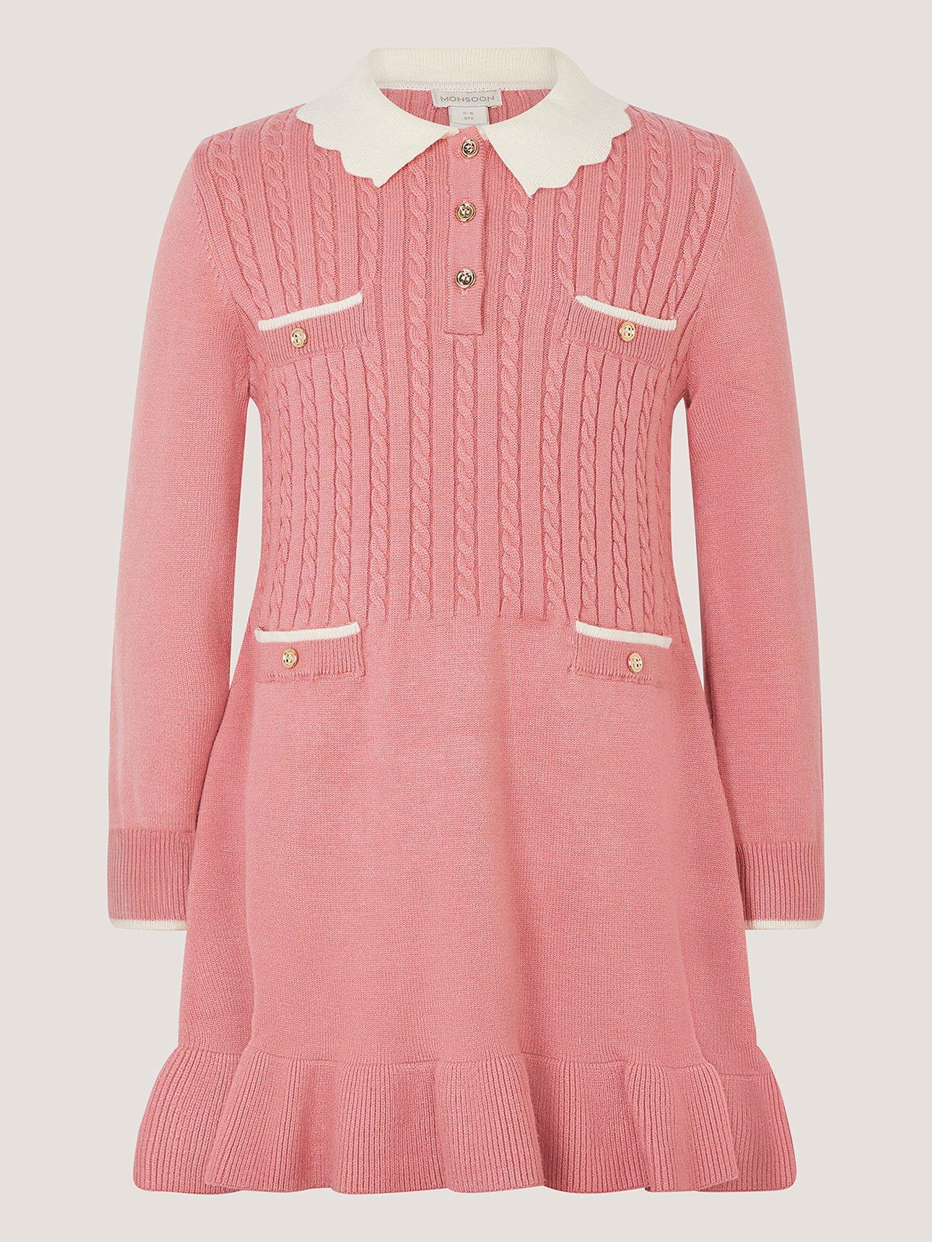 Monsoon Girls Cable Knitted Dress - Pink