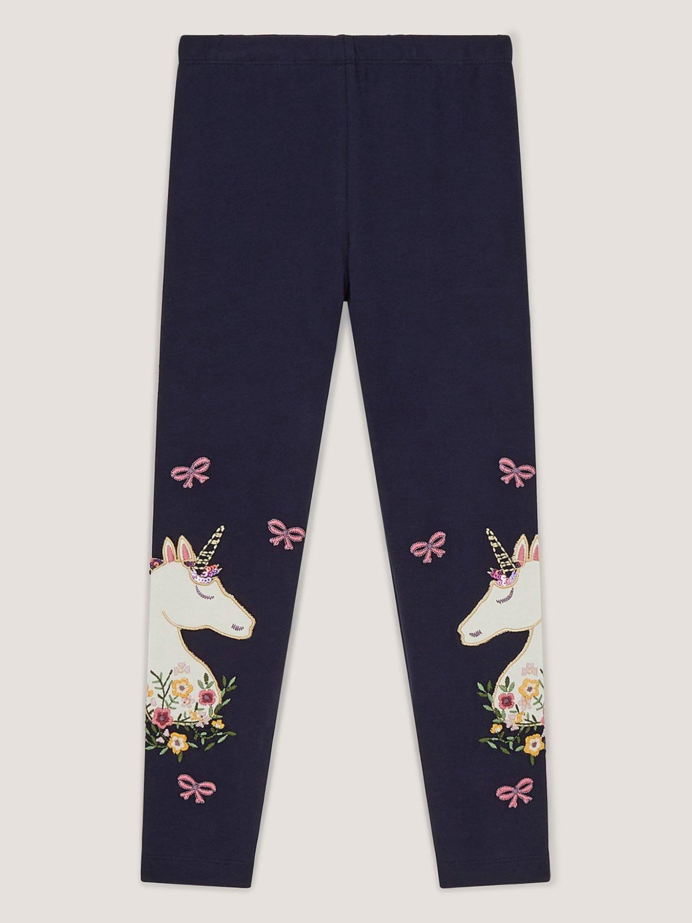 Monsoon Girls Embroidered Unicorn Leggings, Navy, Size Age: 11-12 Years