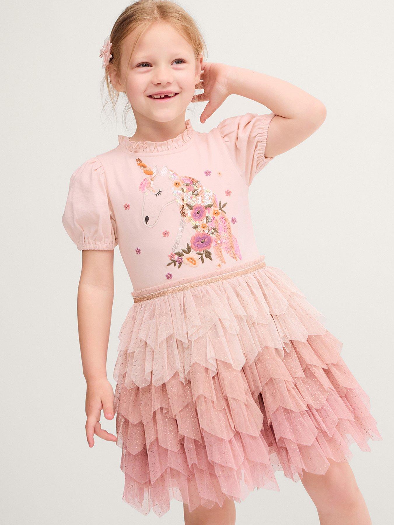 Monsoon Girls Short Sleeve Unicorn Disco Dress, Pink, Size 12-13 Years