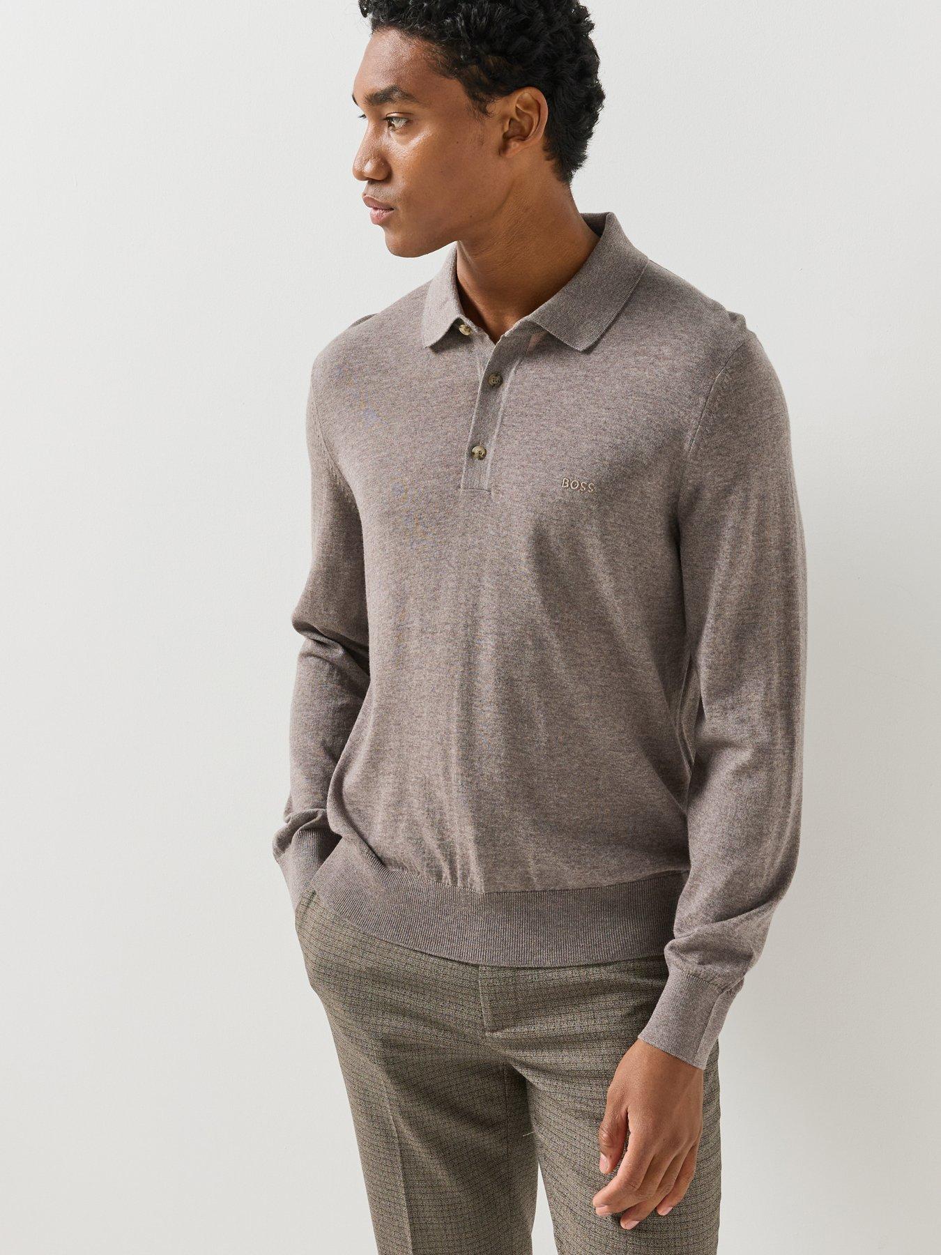 Image 1 of 6 of BOSS Mens Knitted Long Sleeve Polo Shirt - Brown