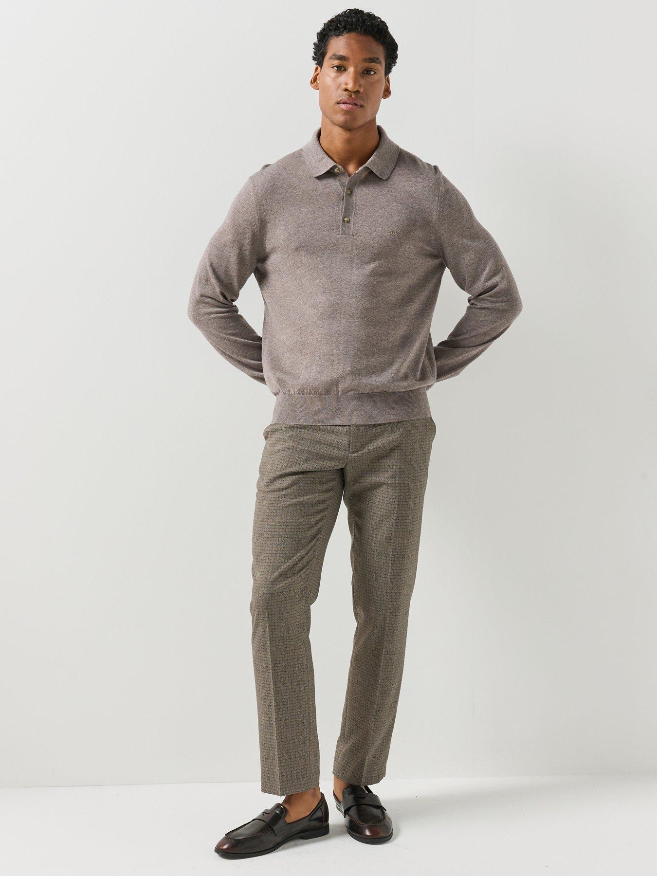 Image 3 of 6 of BOSS Mens Knitted Long Sleeve Polo Shirt - Brown
