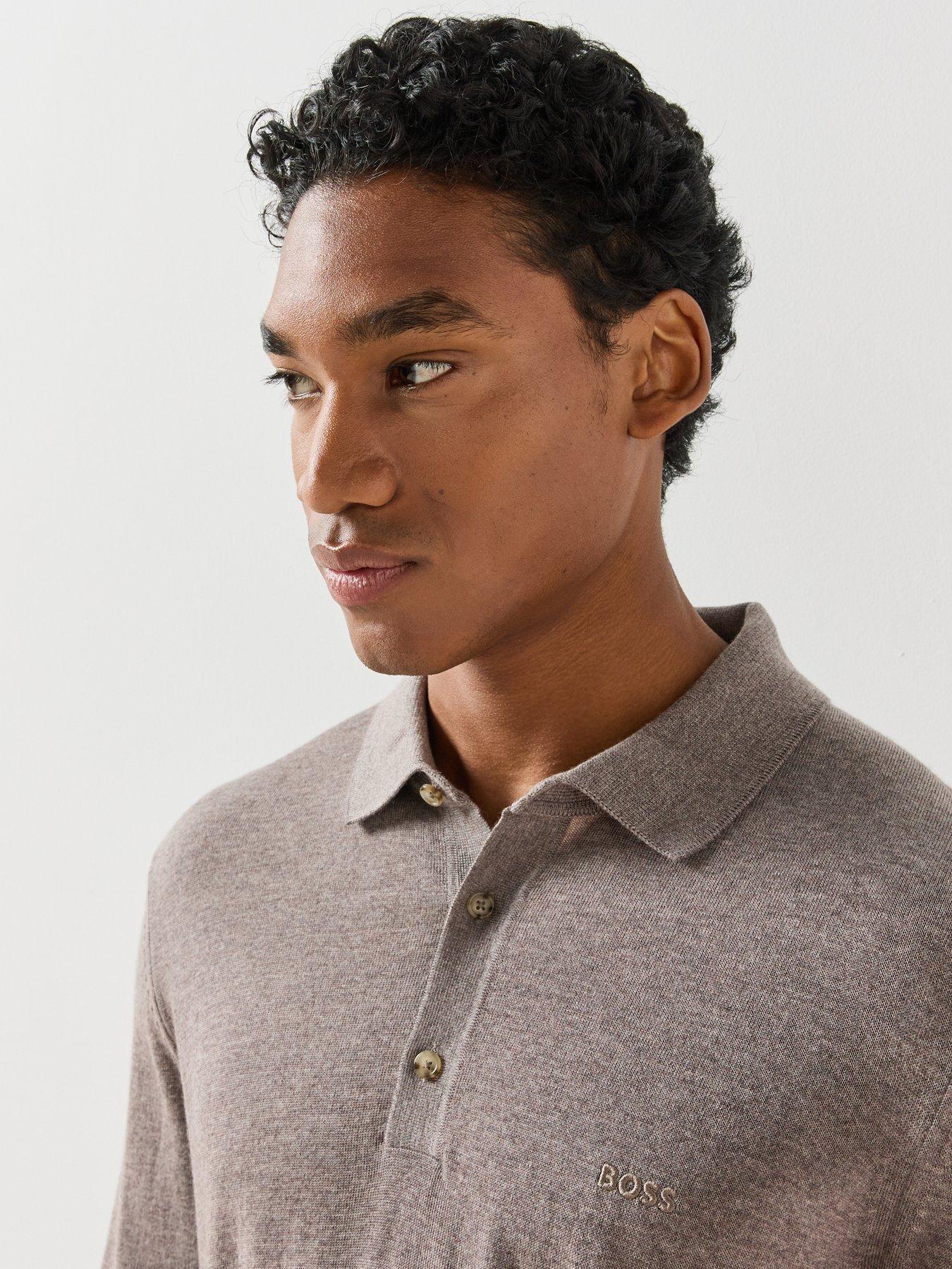 Image 4 of 6 of BOSS Mens Knitted Long Sleeve Polo Shirt - Brown