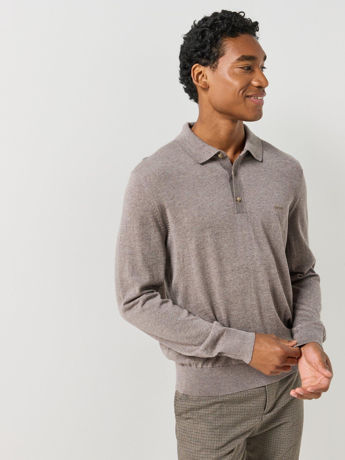 Image 5 of 6 of BOSS Mens Knitted Long Sleeve Polo Shirt - Brown